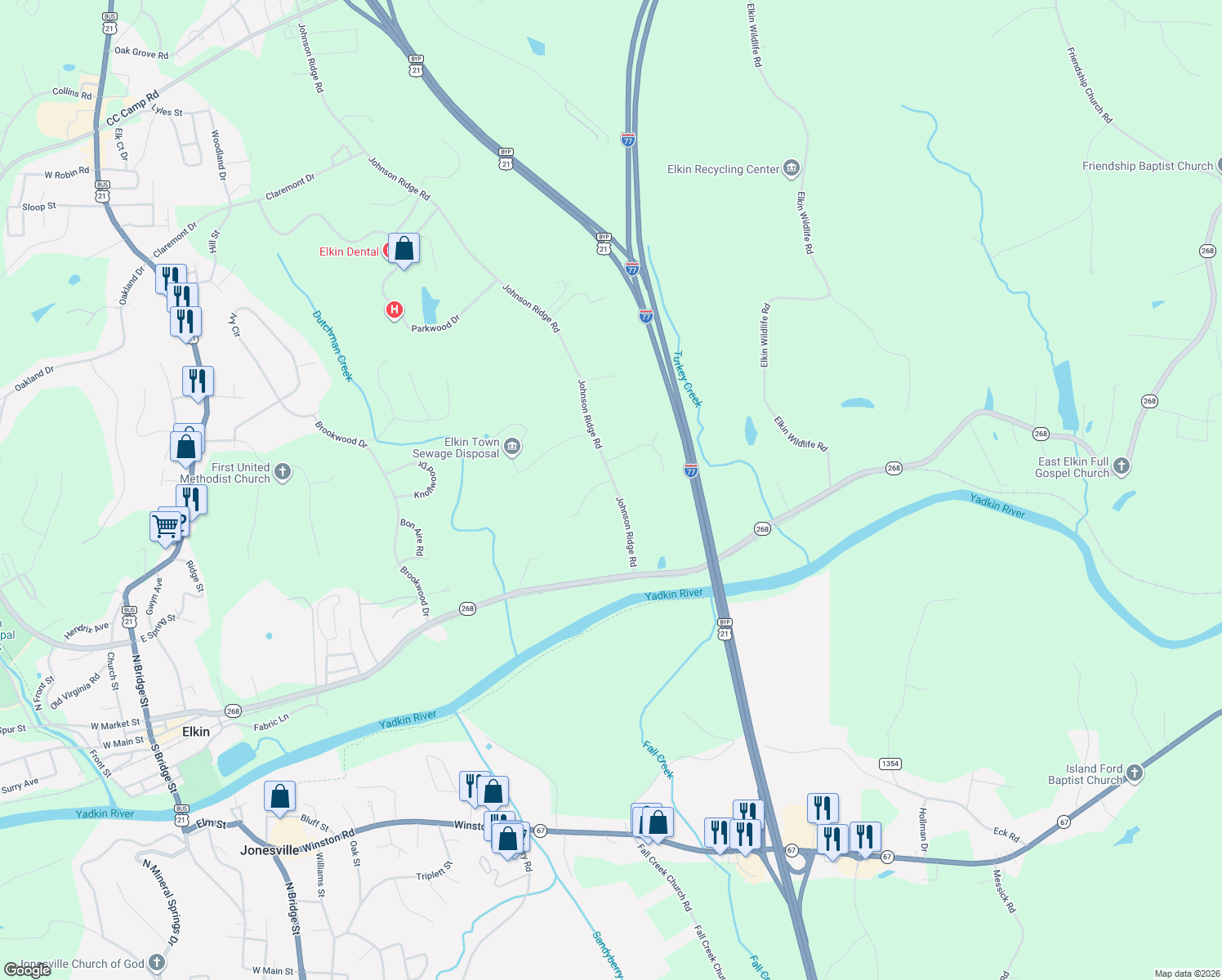 map of restaurants, bars, coffee shops, grocery stores, and more near 180 Johnson Ridge Road in Elkin