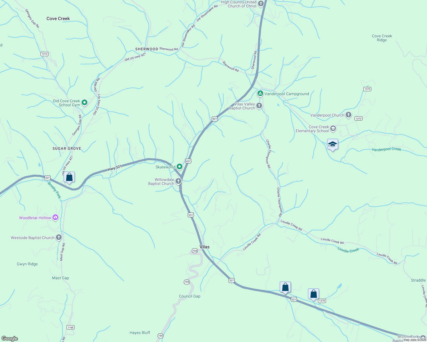 map of restaurants, bars, coffee shops, grocery stores, and more near 445 Jimmy Billings Road in Vilas