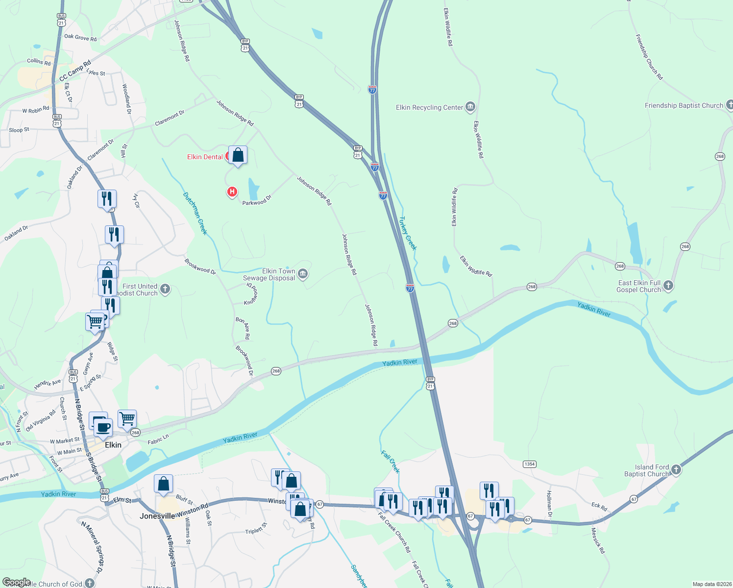 map of restaurants, bars, coffee shops, grocery stores, and more near 180 Johnson Ridge Road in Elkin