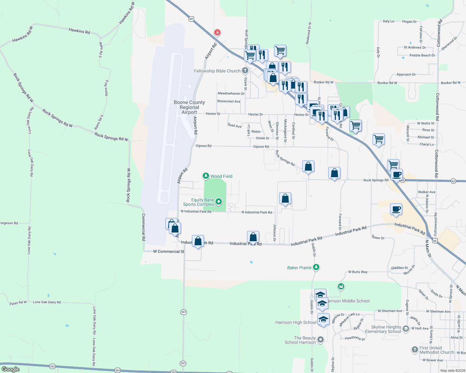 map of restaurants, bars, coffee shops, grocery stores, and more near 2007 McElroy Dr in Harrison