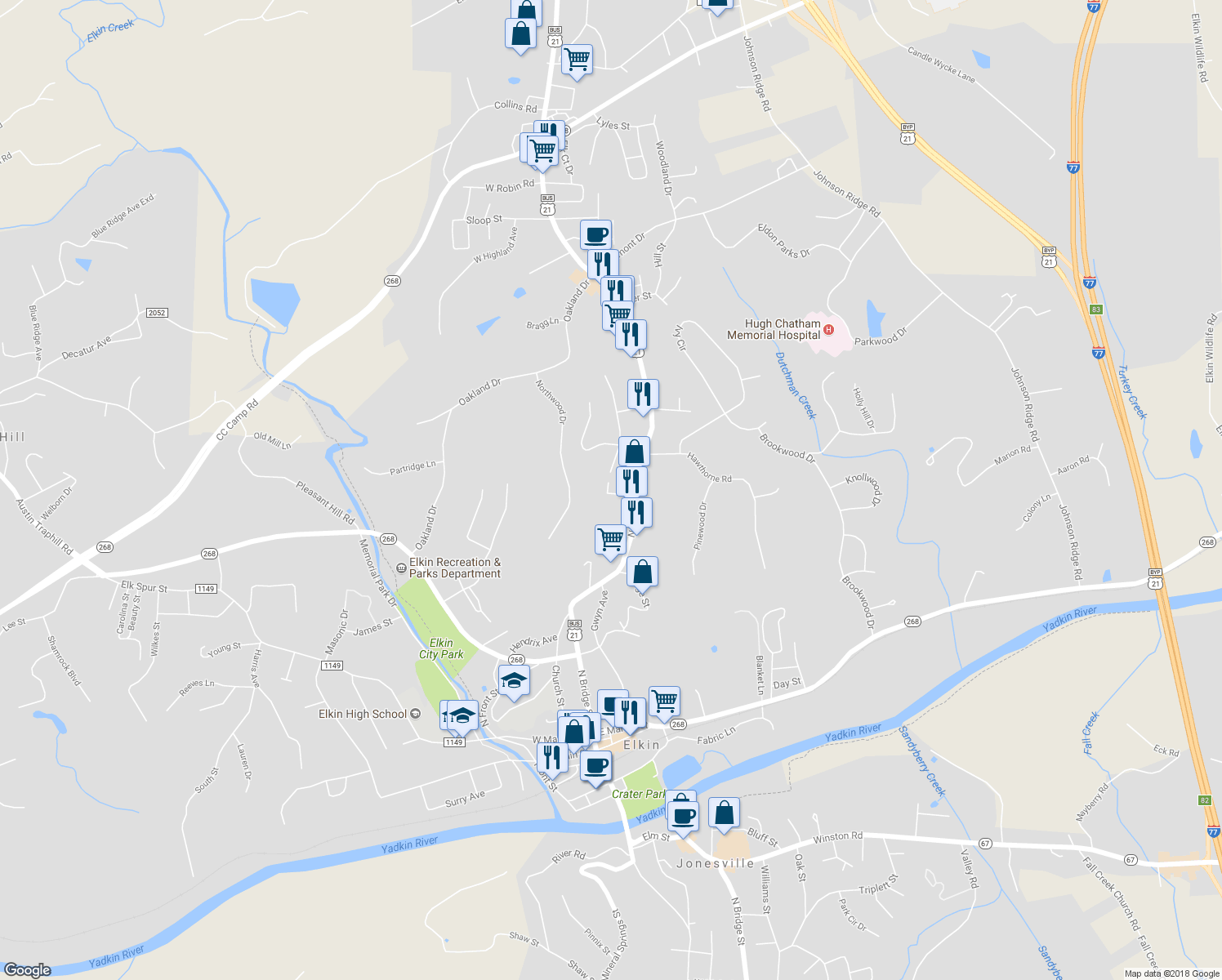 map of restaurants, bars, coffee shops, grocery stores, and more near 130 Chatham Drive in Elkin