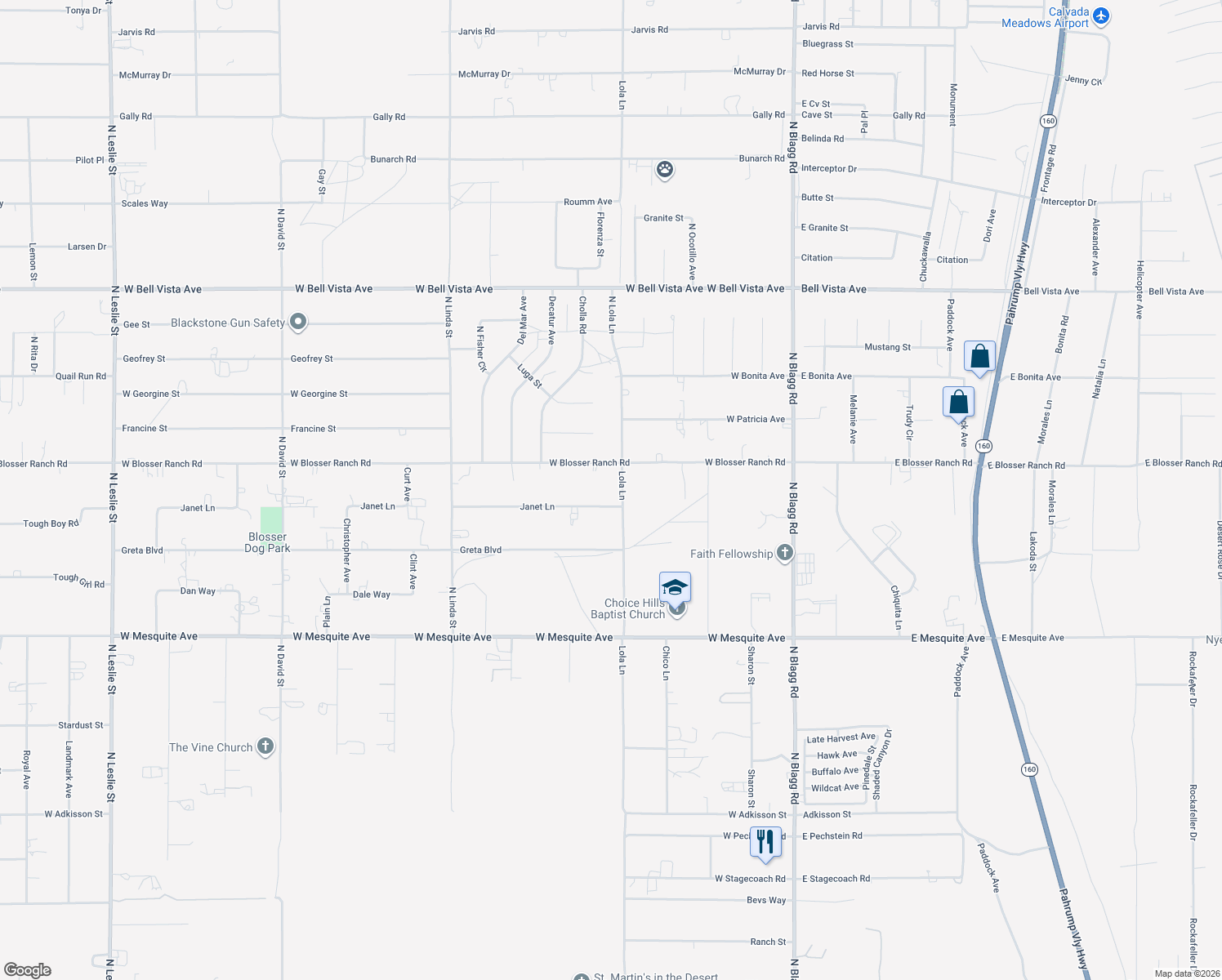 map of restaurants, bars, coffee shops, grocery stores, and more near 2420 North Lola Lane in Pahrump