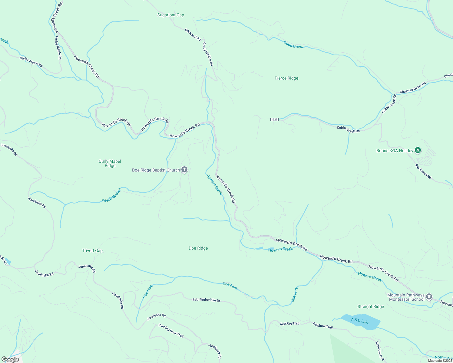 map of restaurants, bars, coffee shops, grocery stores, and more near 2544 Howard's Creek Road in Boone