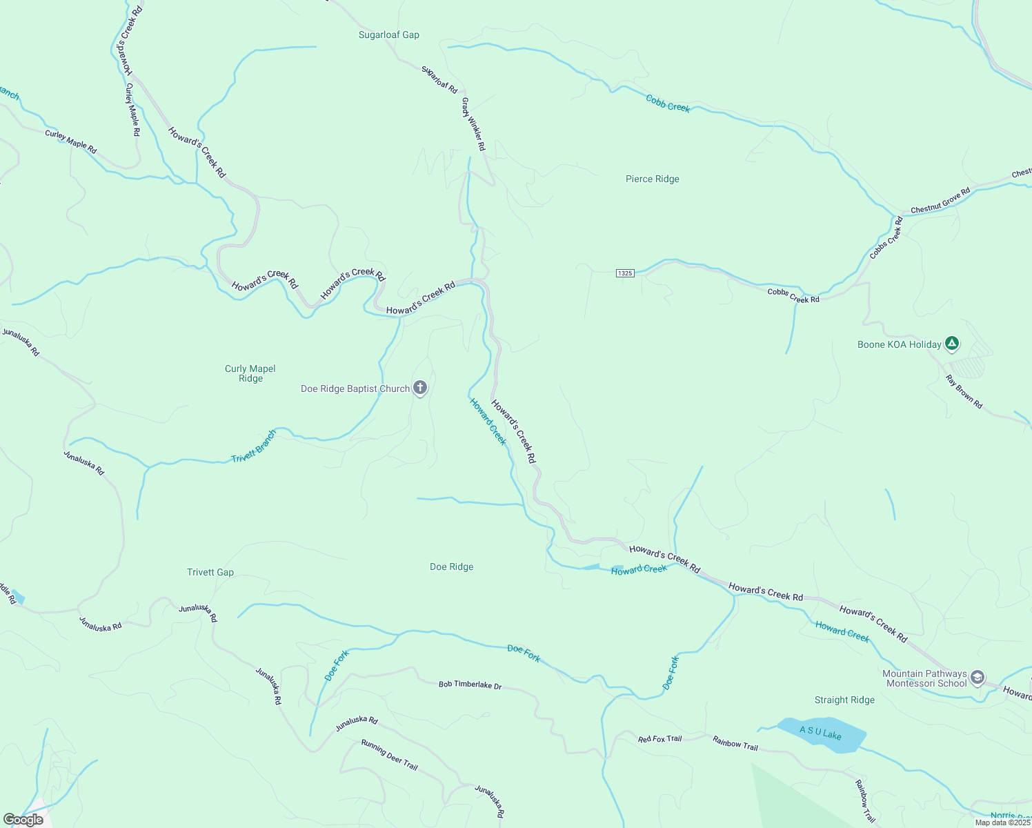 map of restaurants, bars, coffee shops, grocery stores, and more near 2544 Howard's Creek Road in Boone