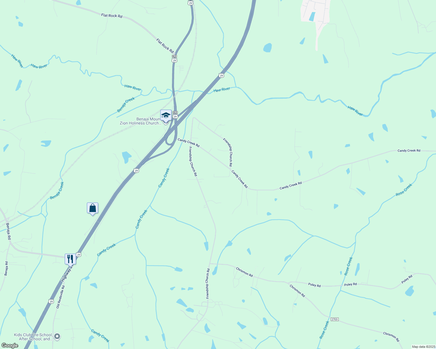 map of restaurants, bars, coffee shops, grocery stores, and more near 177 Von Denson Drive in Reidsville