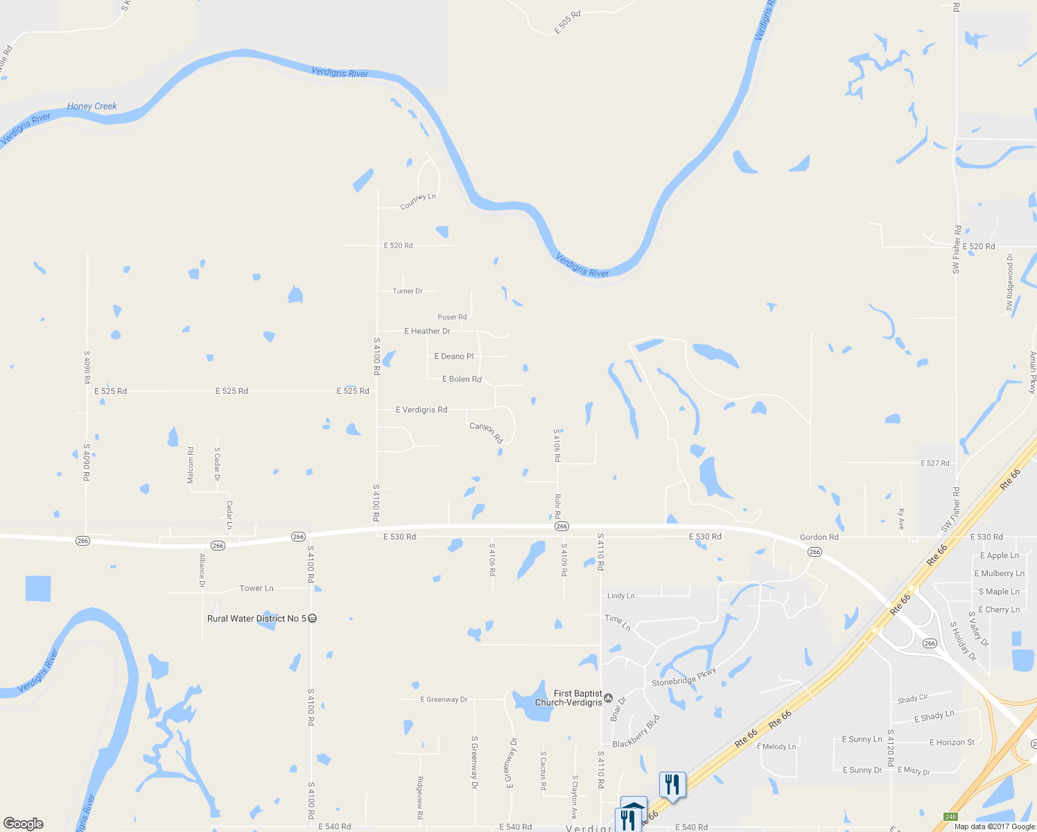 map of restaurants, bars, coffee shops, grocery stores, and more near 4950 Canyon Road in Claremore