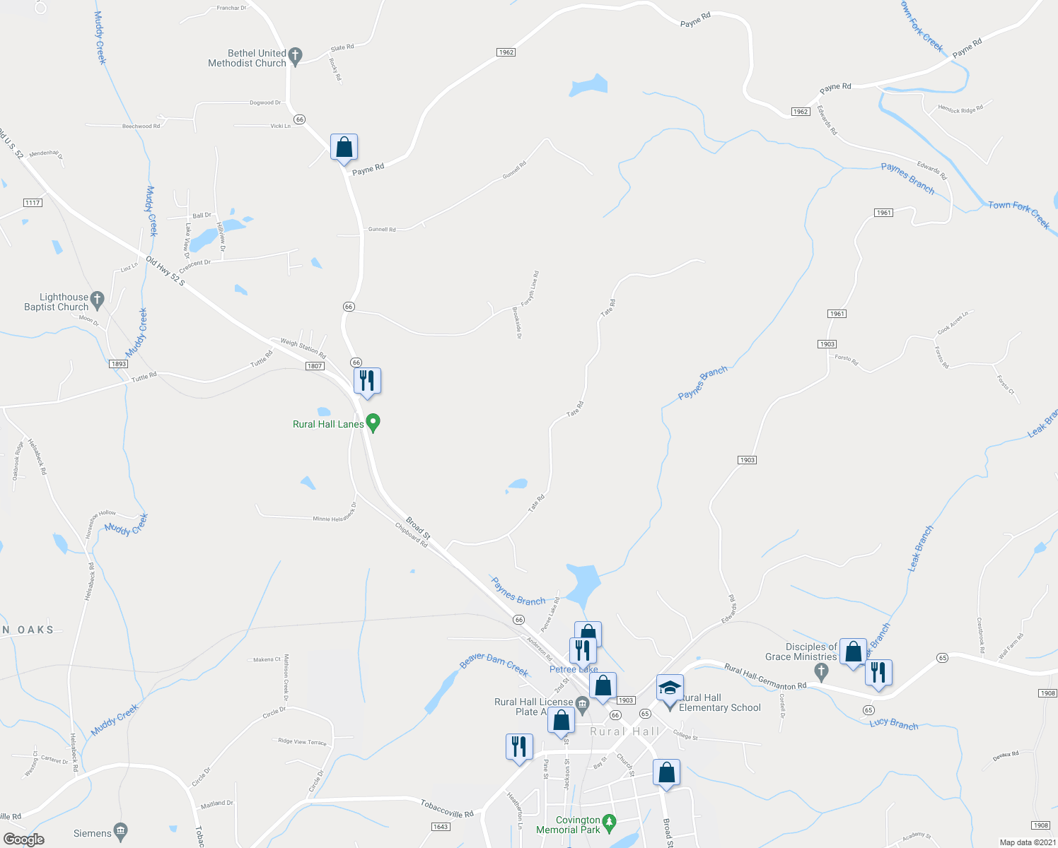 map of restaurants, bars, coffee shops, grocery stores, and more near 525 Tate Road in Rural Hall