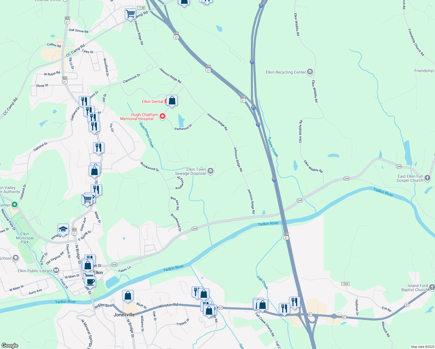 map of restaurants, bars, coffee shops, grocery stores, and more near 162 Marion Road in Elkin
