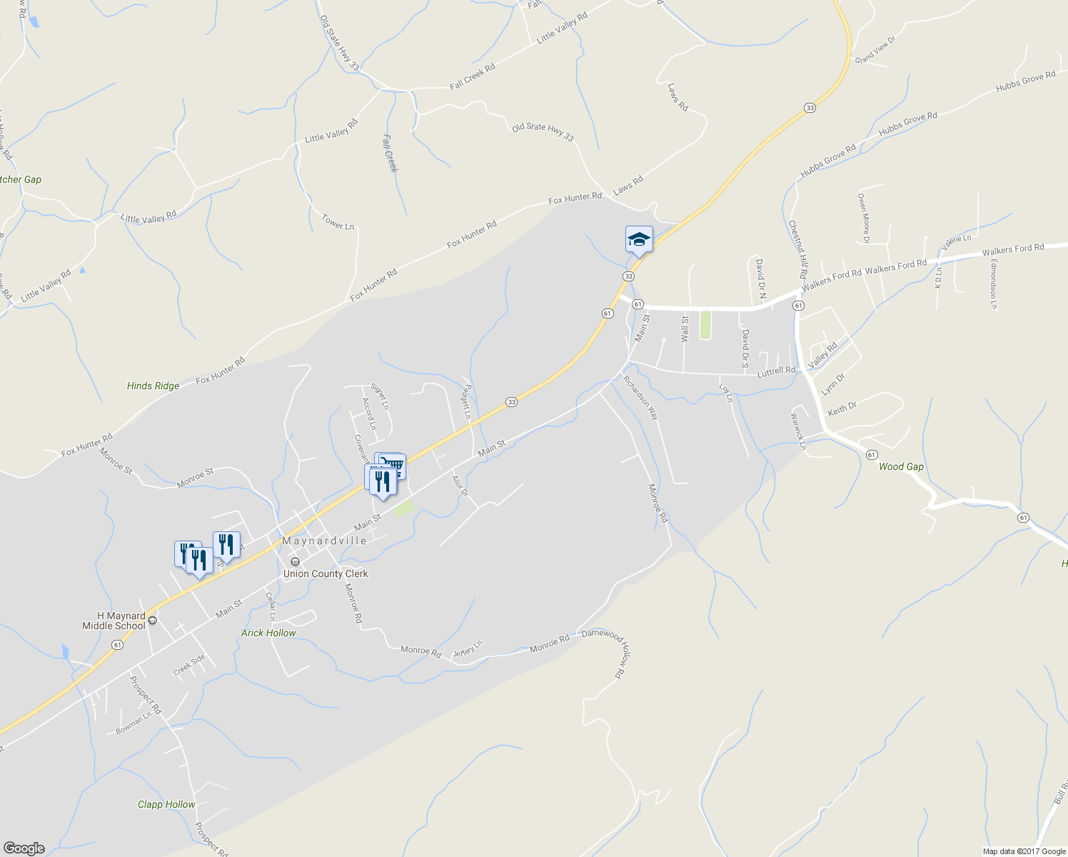 map of restaurants, bars, coffee shops, grocery stores, and more near 1549 Main Street in Maynardville