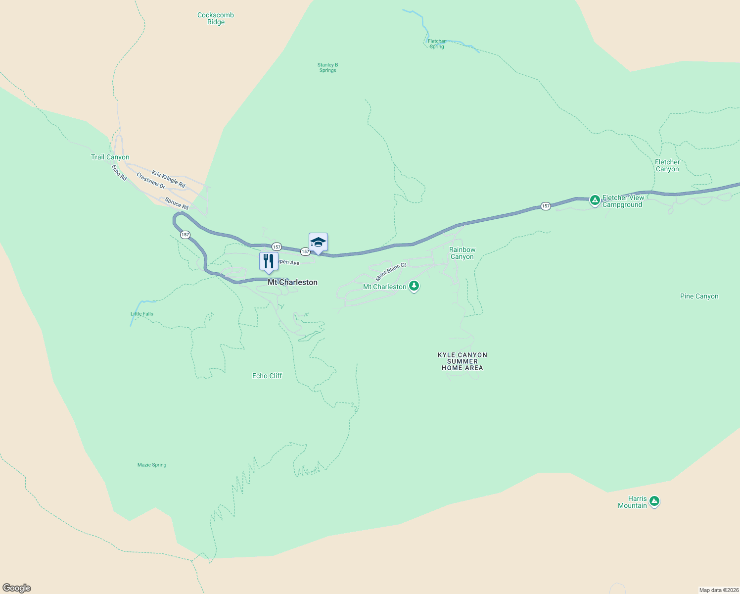map of restaurants, bars, coffee shops, grocery stores, and more near 4141 Mont Blanc Way in Mount Charleston