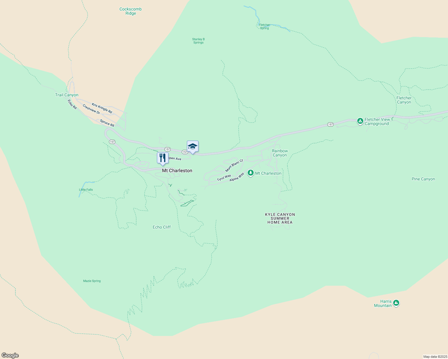 map of restaurants, bars, coffee shops, grocery stores, and more near 4125 Tyrol Way in Mount Charleston