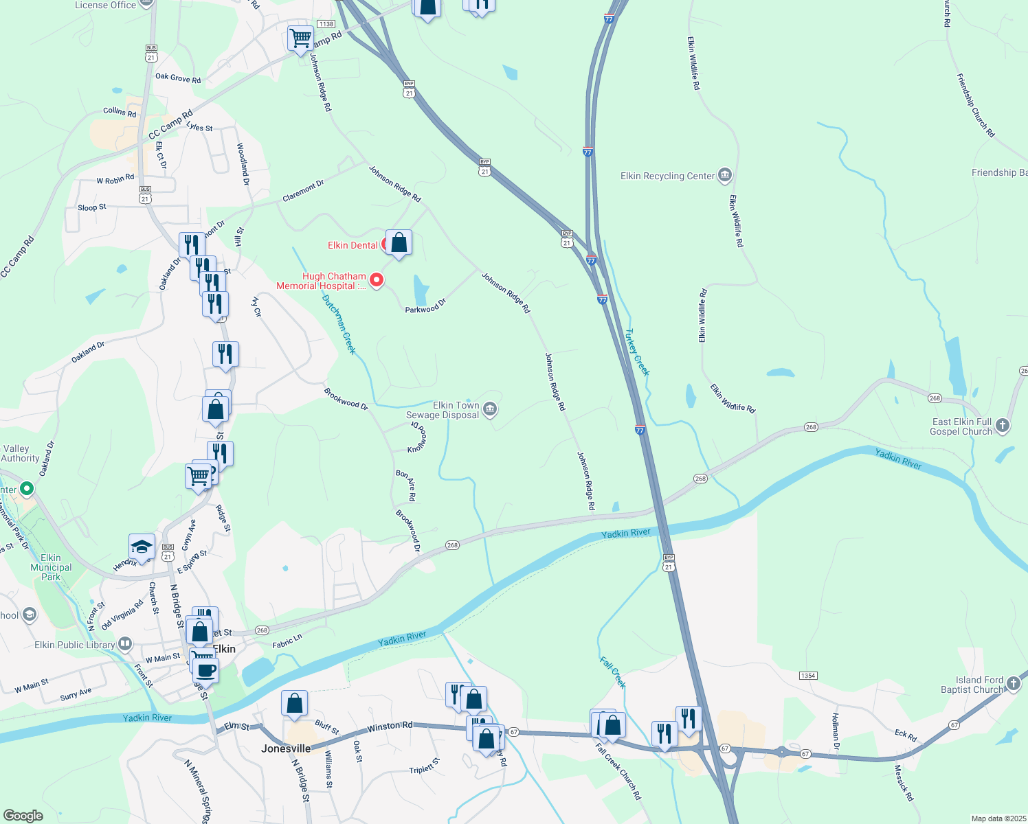 map of restaurants, bars, coffee shops, grocery stores, and more near 162 Marion Road in Elkin