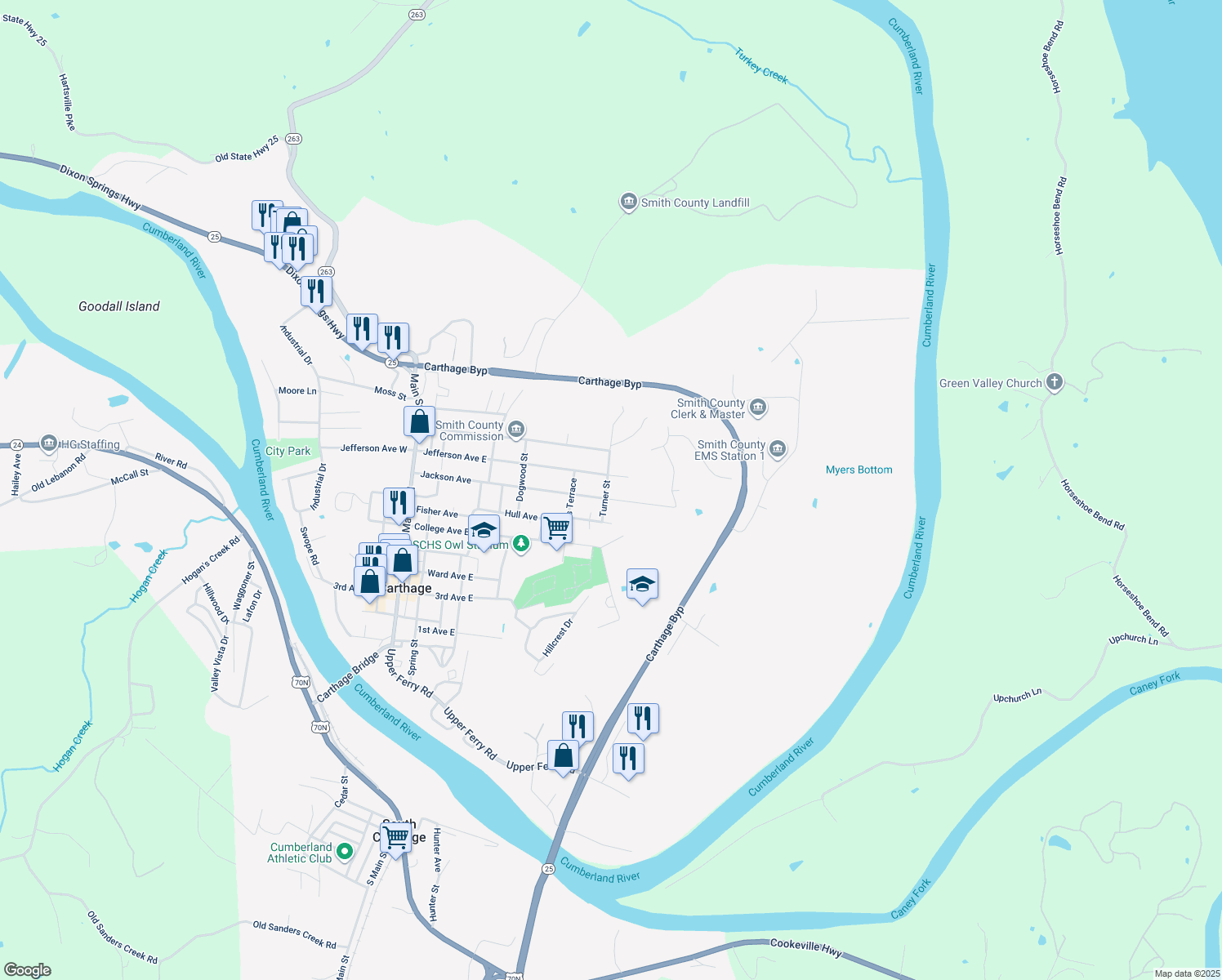 map of restaurants, bars, coffee shops, grocery stores, and more near 206 Turner Street in Carthage