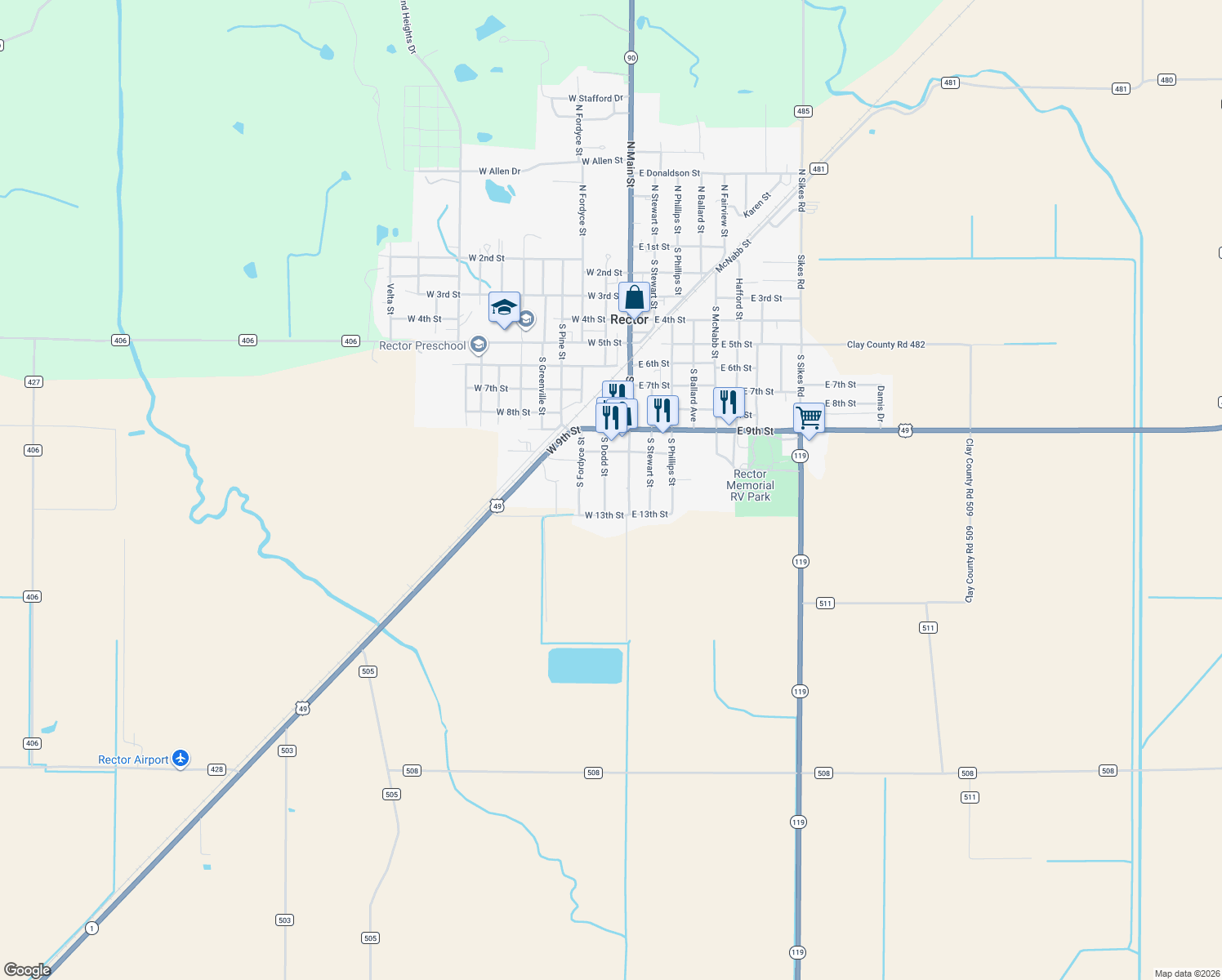 map of restaurants, bars, coffee shops, grocery stores, and more near 1115 S Dodd St in Rector