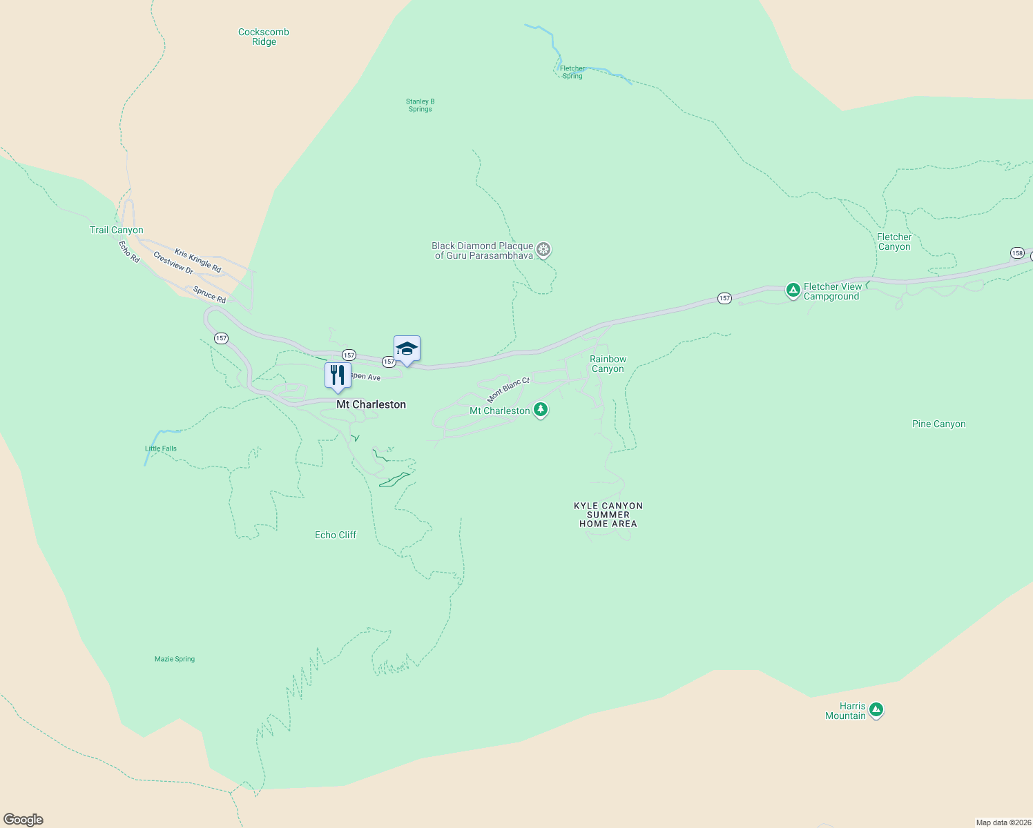 map of restaurants, bars, coffee shops, grocery stores, and more near 401 Alpine Way in Mount Charleston