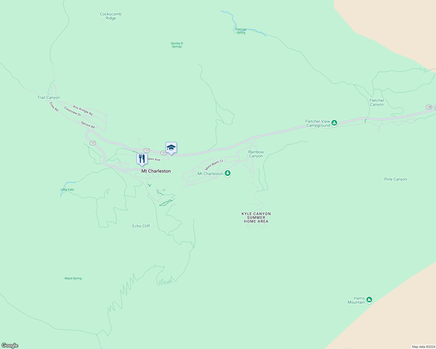 map of restaurants, bars, coffee shops, grocery stores, and more near 401 Alpine Way in Mount Charleston