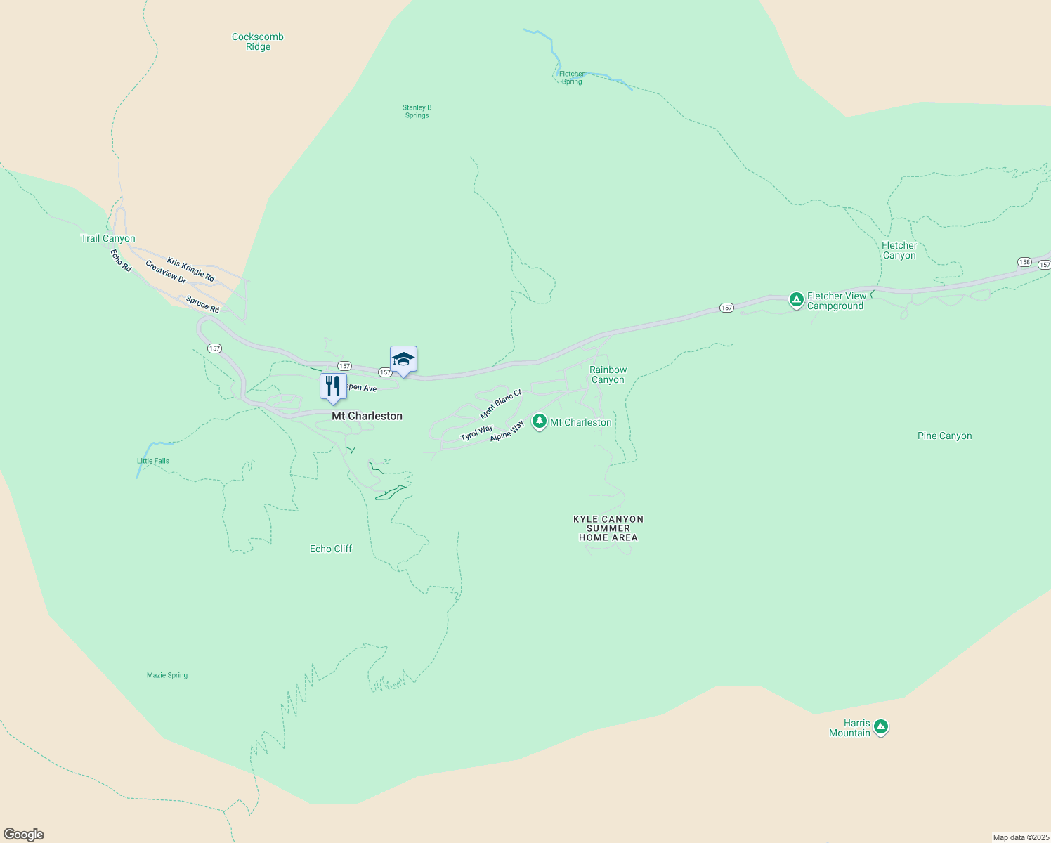 map of restaurants, bars, coffee shops, grocery stores, and more near 386 Alpine Way in Mount Charleston
