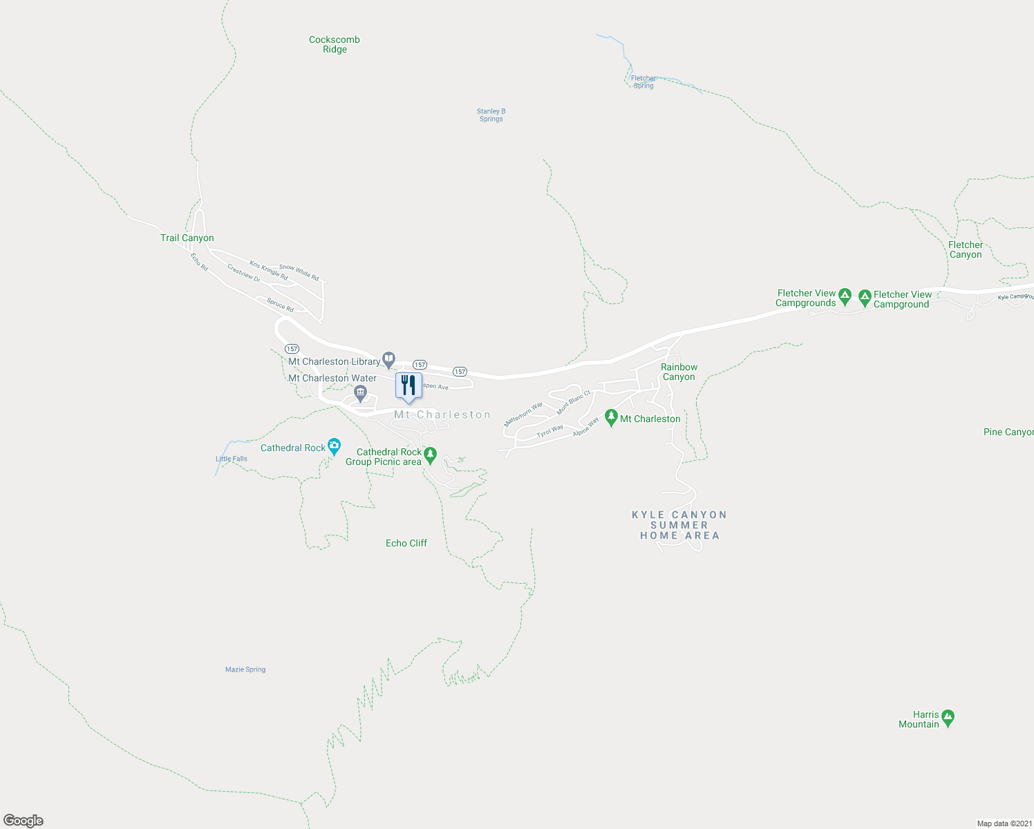 map of restaurants, bars, coffee shops, grocery stores, and more near 4178 Matterhorn Way in Mount Charleston