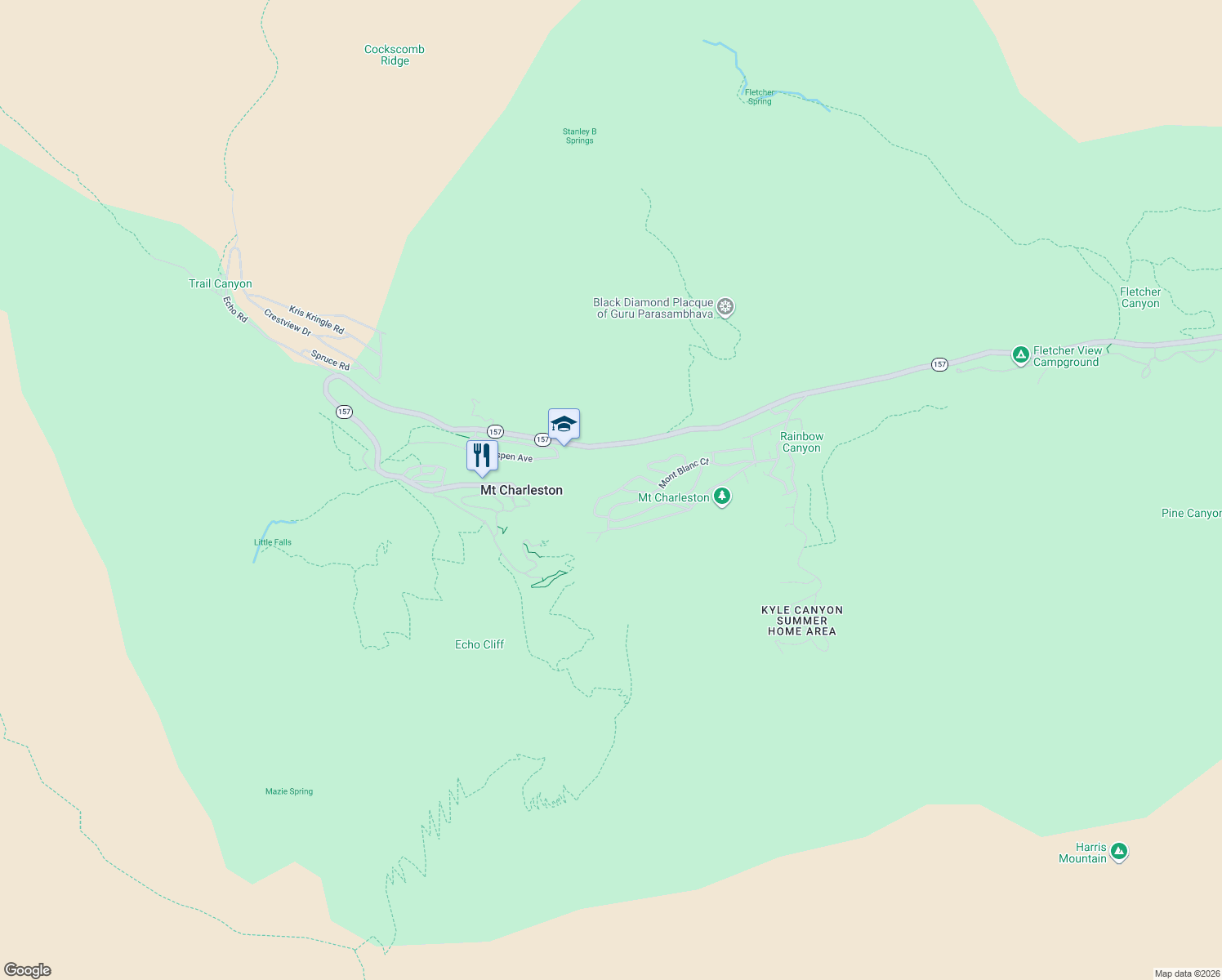 map of restaurants, bars, coffee shops, grocery stores, and more near 4178 Matterhorn Way in Mount Charleston