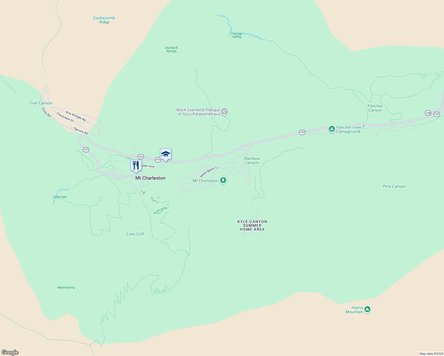 map of restaurants, bars, coffee shops, grocery stores, and more near 370 Alpine Way in Mount Charleston