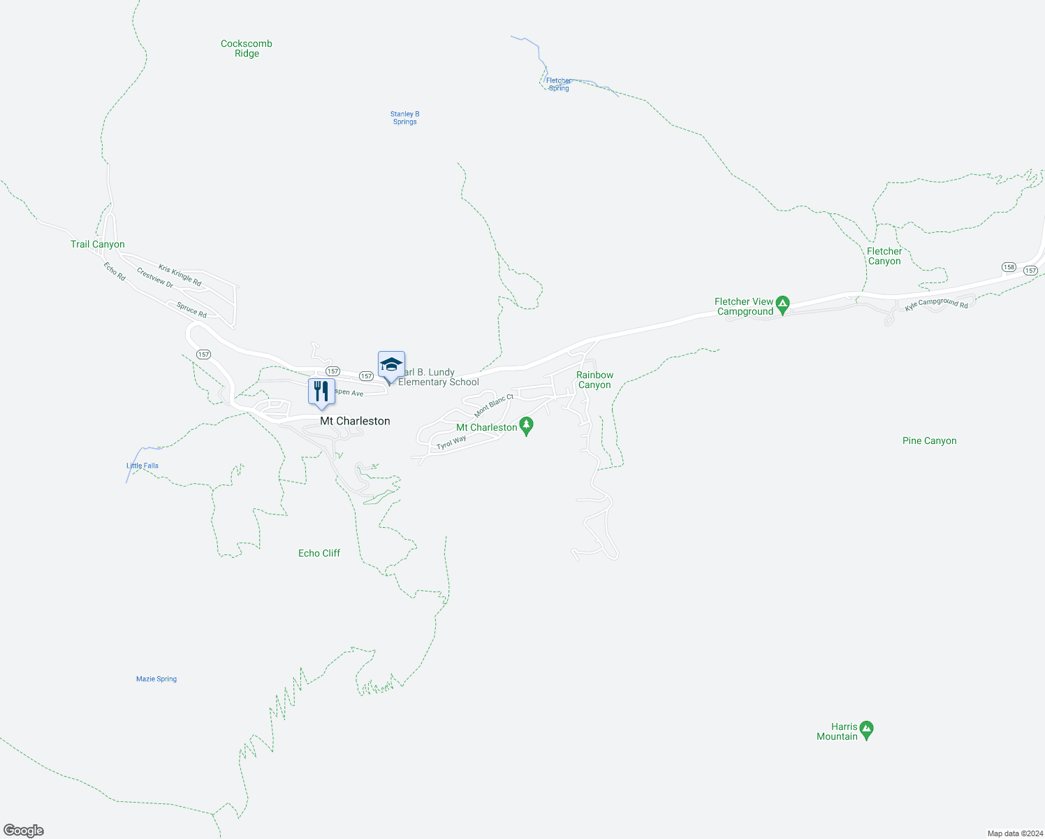 map of restaurants, bars, coffee shops, grocery stores, and more near 370 Alpine Way in Mount Charleston