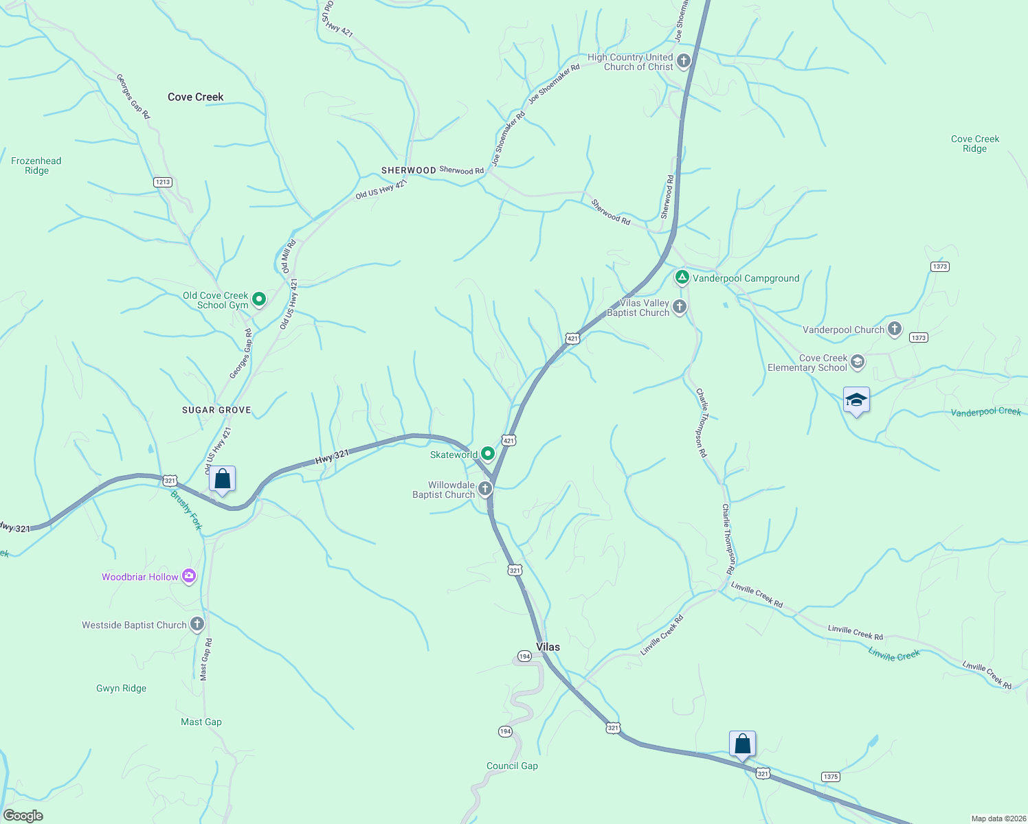 map of restaurants, bars, coffee shops, grocery stores, and more near 350 Willowdale Church Road in Vilas