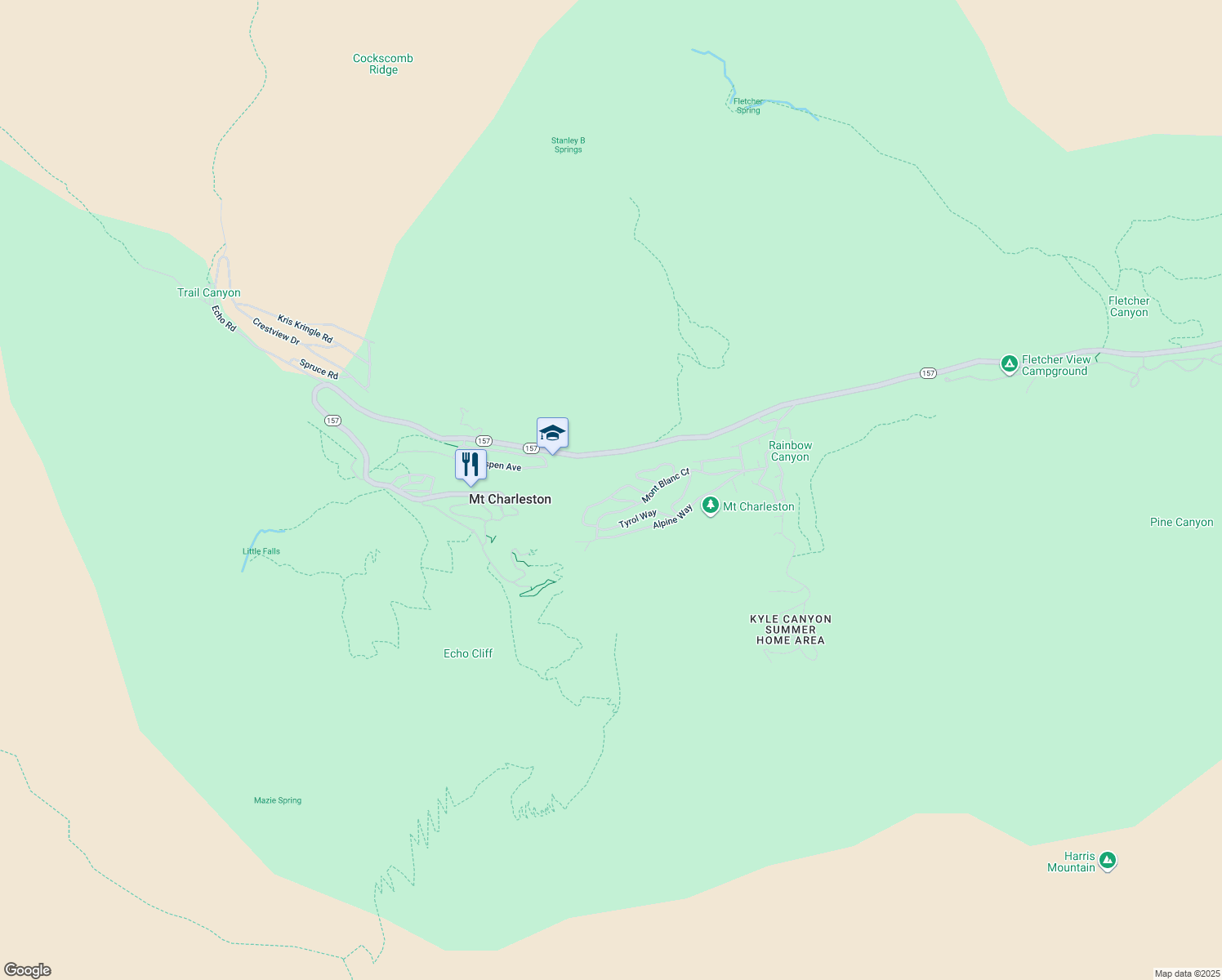map of restaurants, bars, coffee shops, grocery stores, and more near 4162 Matterhorn Way in Mount Charleston
