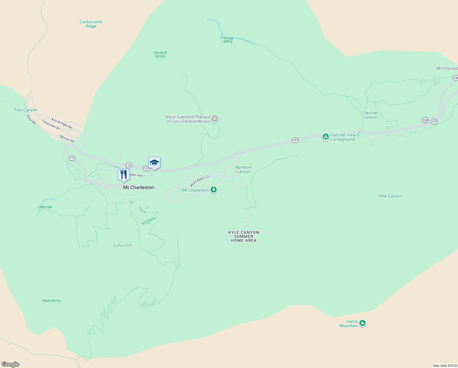 map of restaurants, bars, coffee shops, grocery stores, and more near 3953 Ski Trail Circle in Mount Charleston