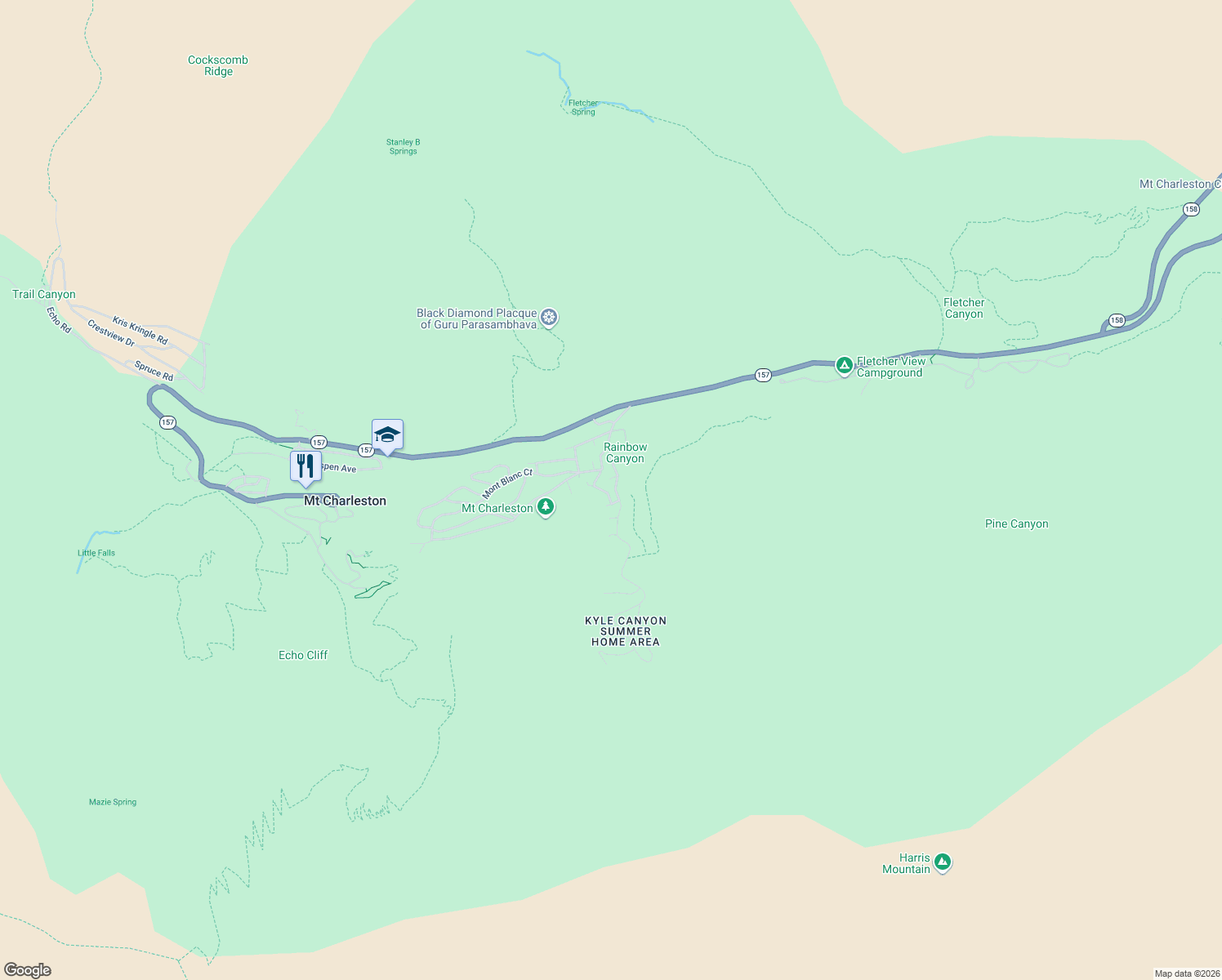 map of restaurants, bars, coffee shops, grocery stores, and more near 321 Rainbow Canyon Boulevard in Mount Charleston