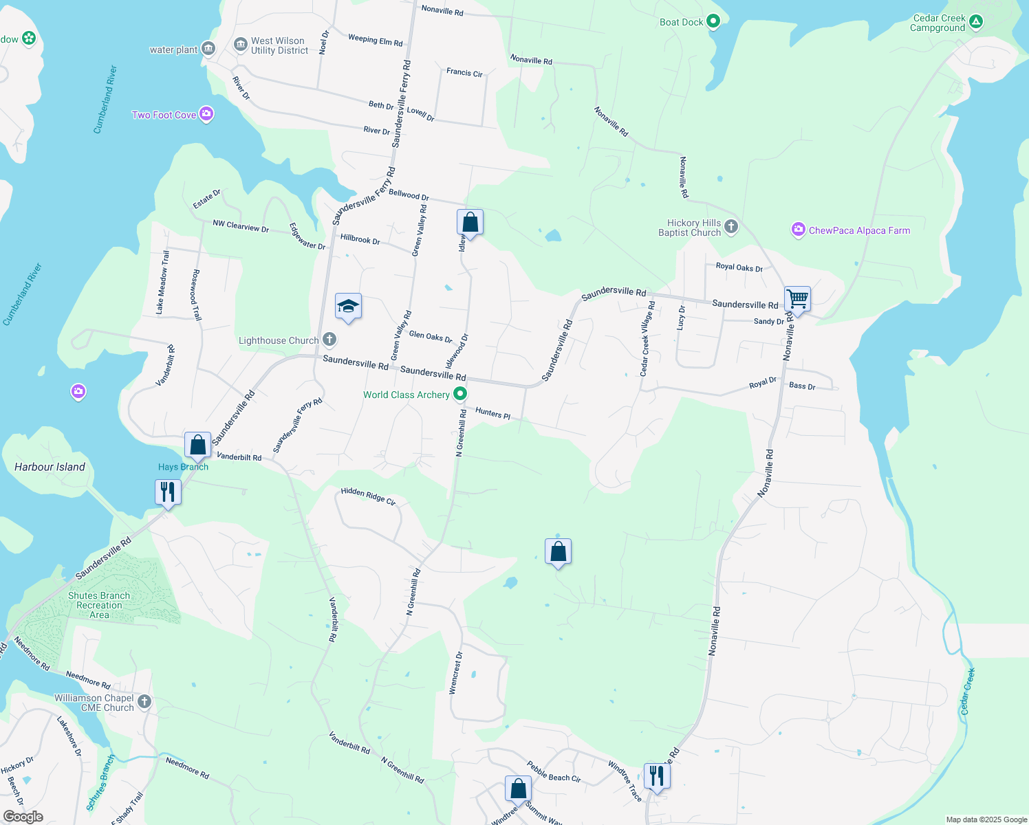 map of restaurants, bars, coffee shops, grocery stores, and more near 2104 Deerfield Drive in Mount Juliet