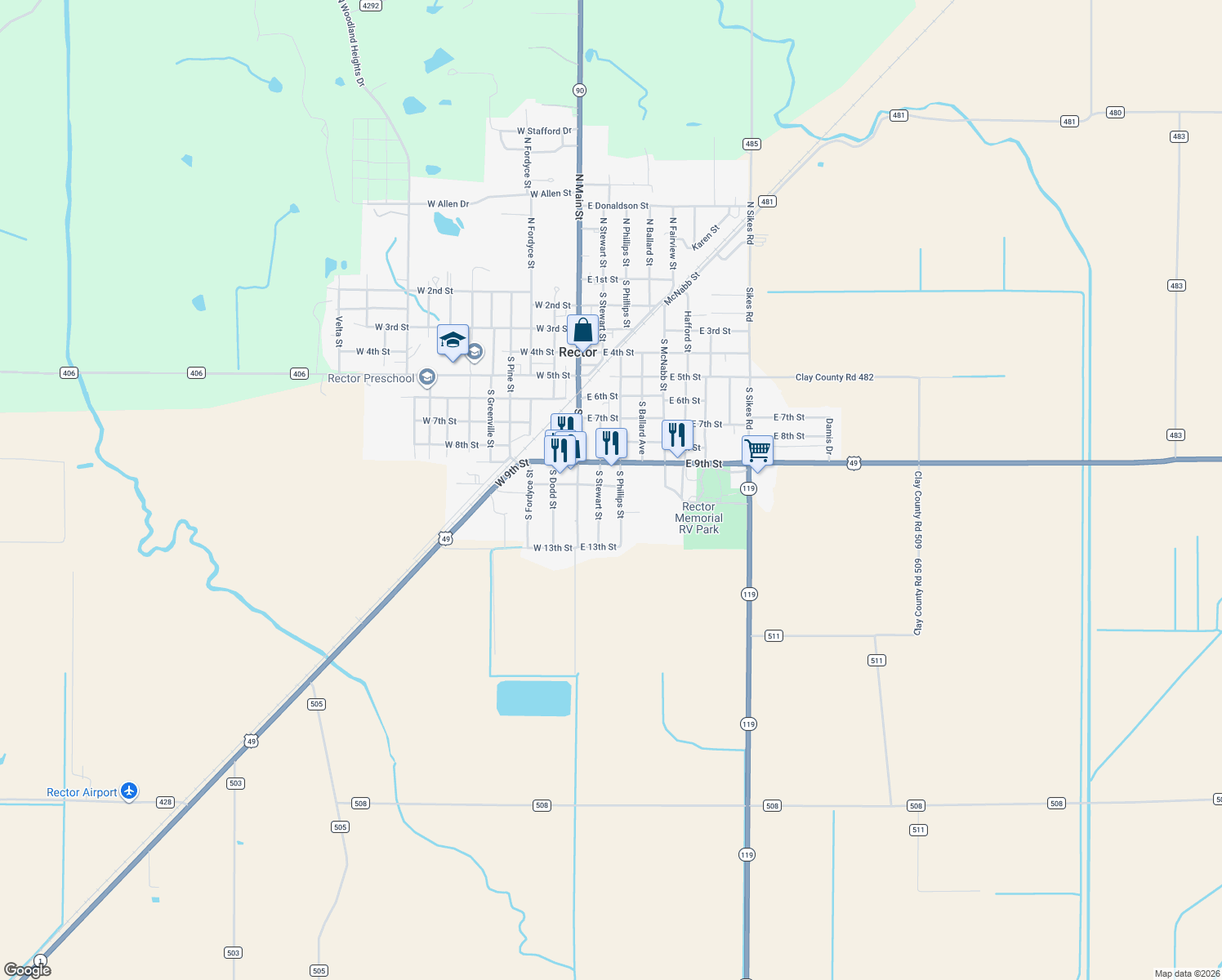 map of restaurants, bars, coffee shops, grocery stores, and more near 212 E 10th St in Rector
