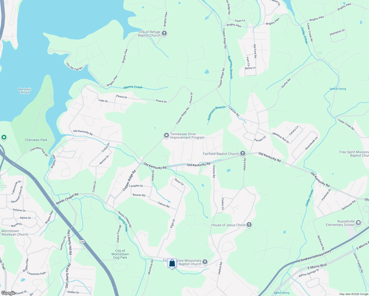 map of restaurants, bars, coffee shops, grocery stores, and more near 1960 Martindale Drive in Morristown
