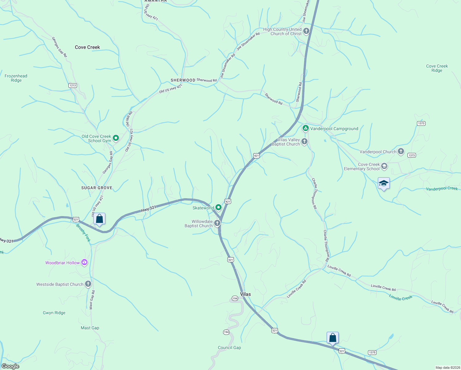 map of restaurants, bars, coffee shops, grocery stores, and more near 350 Willowdale Church Road in Vilas