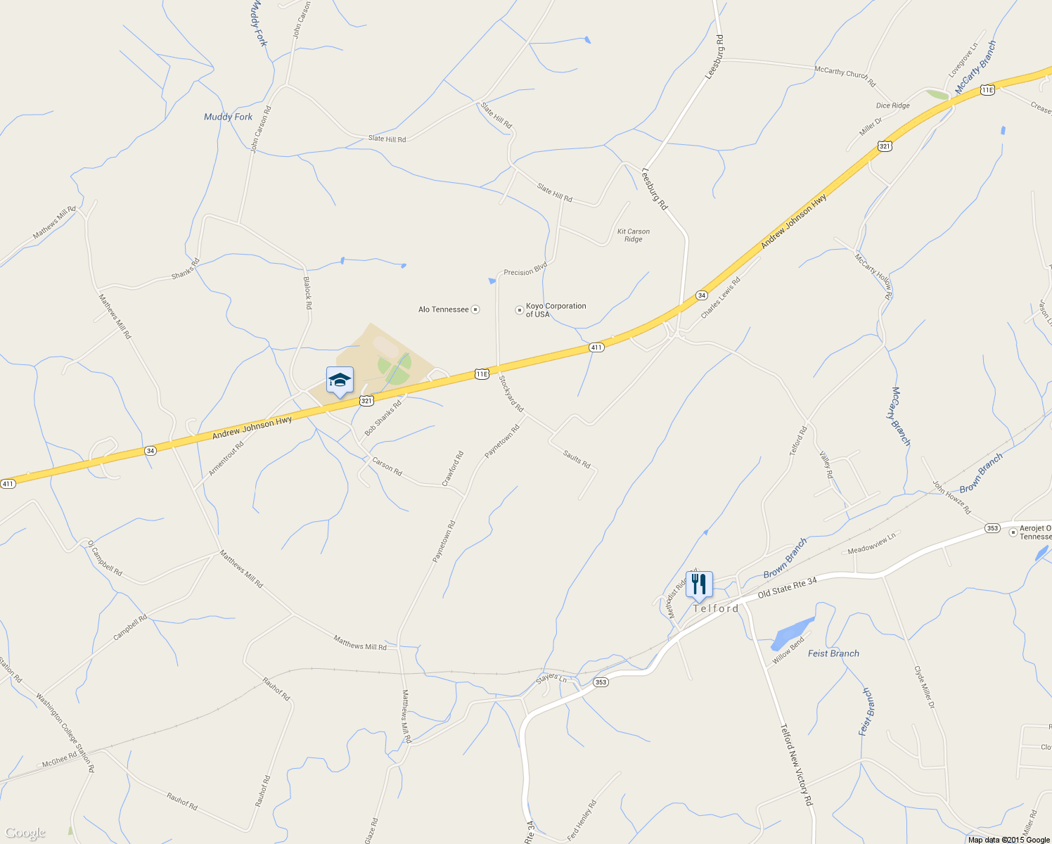 map of restaurants, bars, coffee shops, grocery stores, and more near 103 Paynetown Road in Telford