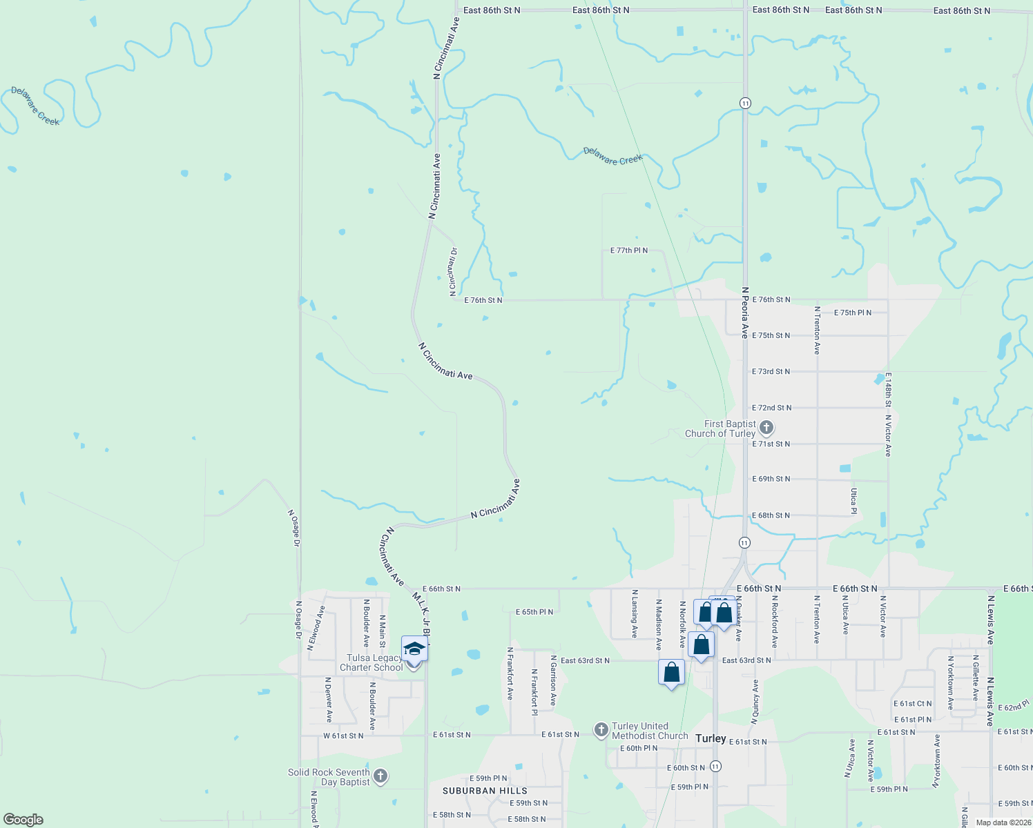 map of restaurants, bars, coffee shops, grocery stores, and more near 7351 North Cincinnati Avenue in Tulsa