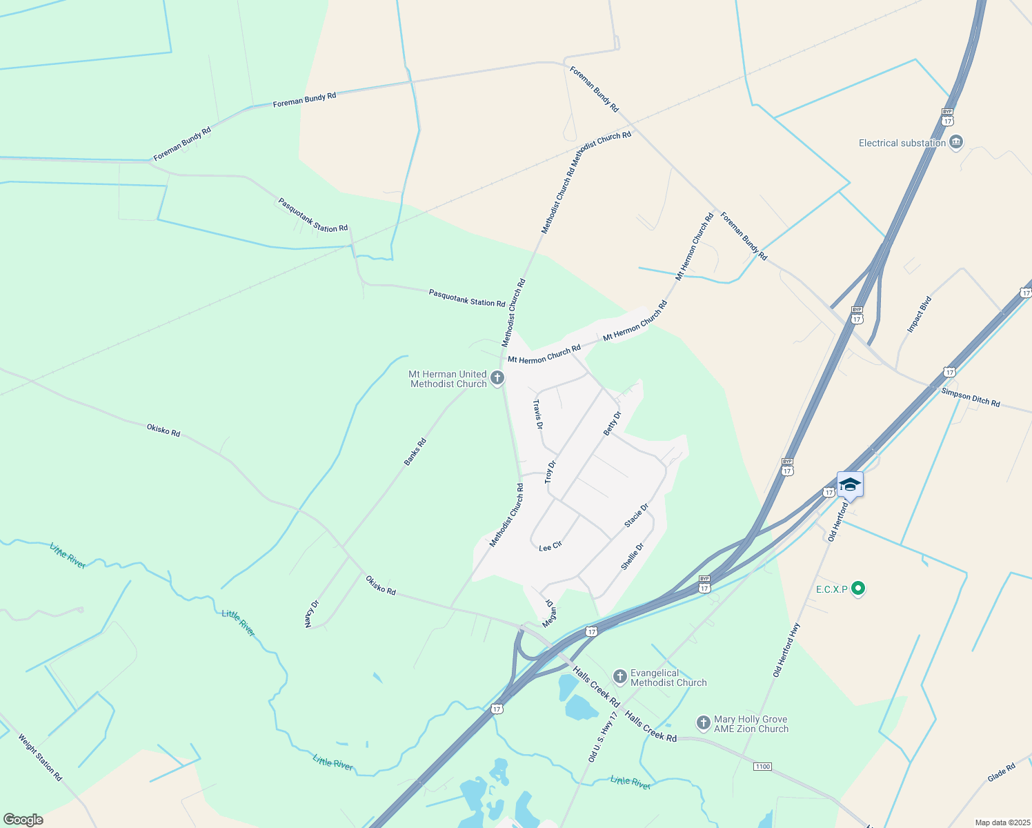 map of restaurants, bars, coffee shops, grocery stores, and more near 682 Methodist Church Road in Elizabeth City