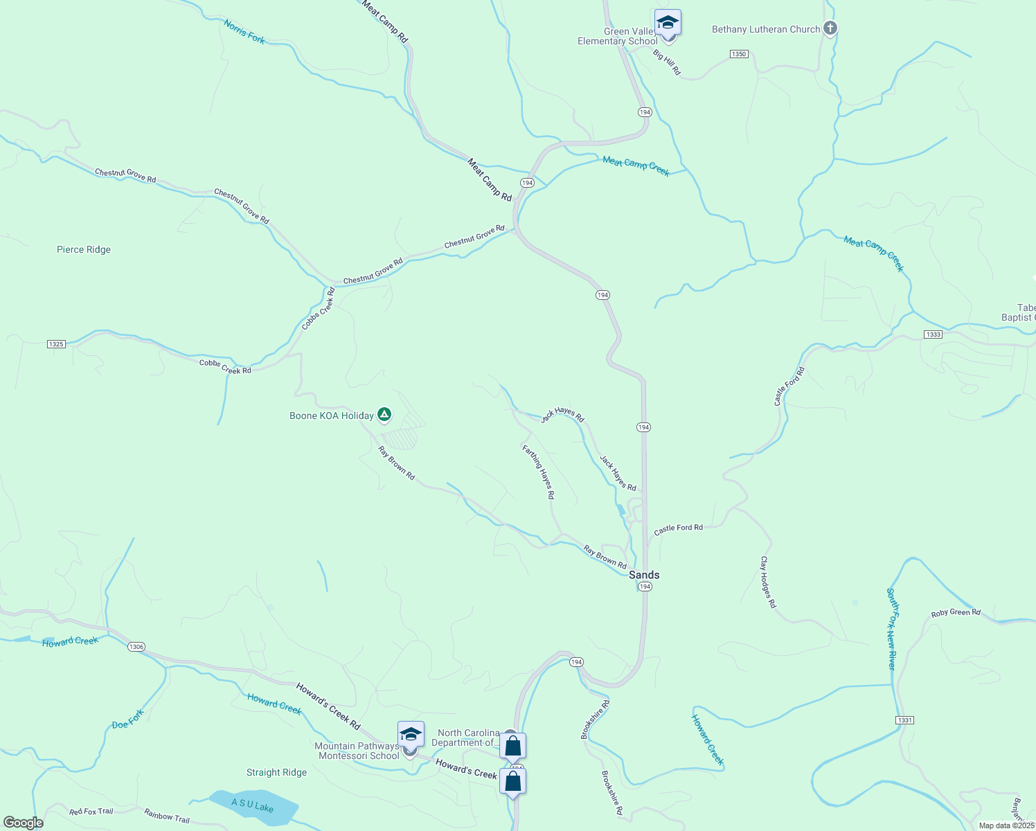 map of restaurants, bars, coffee shops, grocery stores, and more near 634 Farthing Hayes Road in Boone