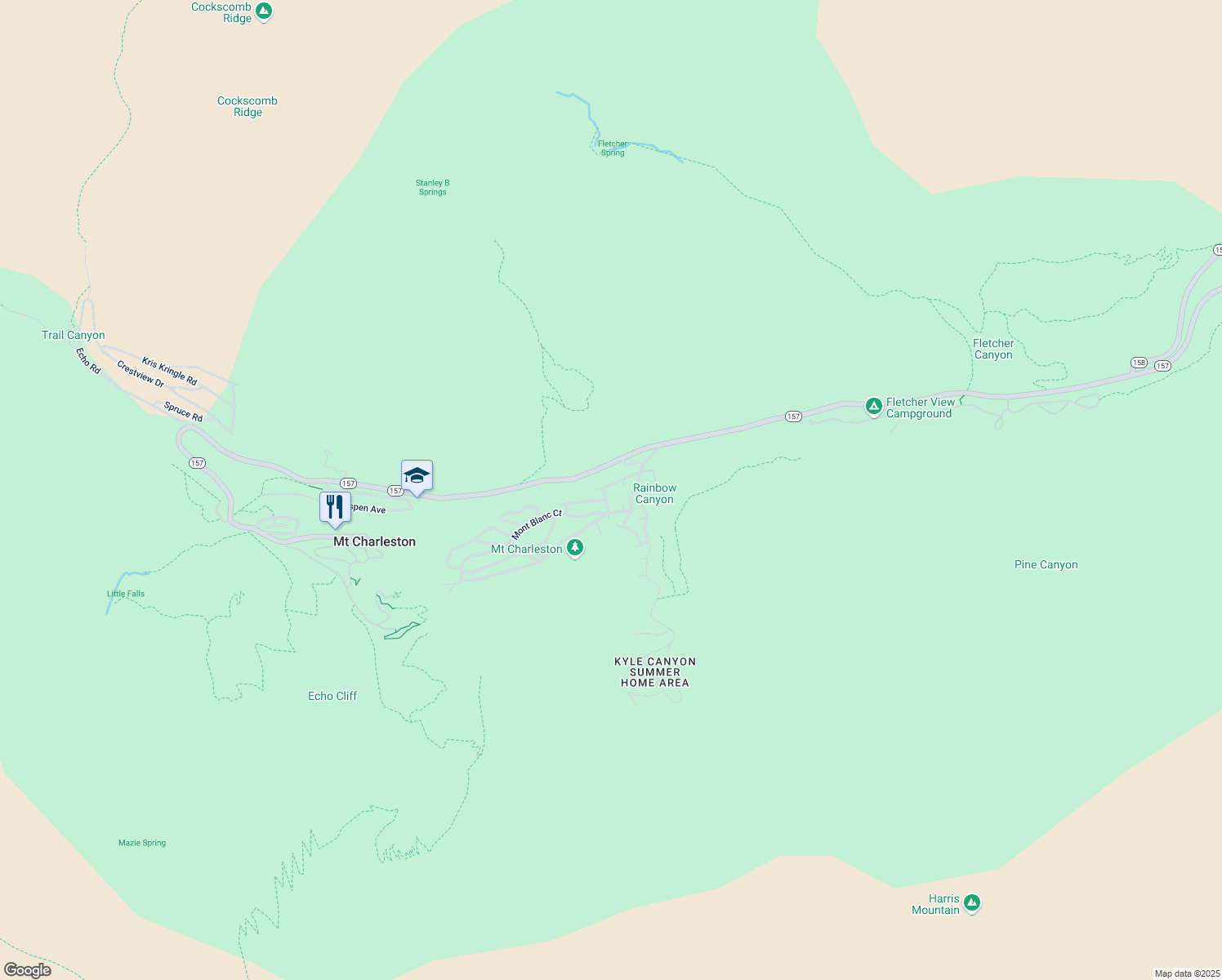 map of restaurants, bars, coffee shops, grocery stores, and more near 212 Alpine Way in Mount Charleston