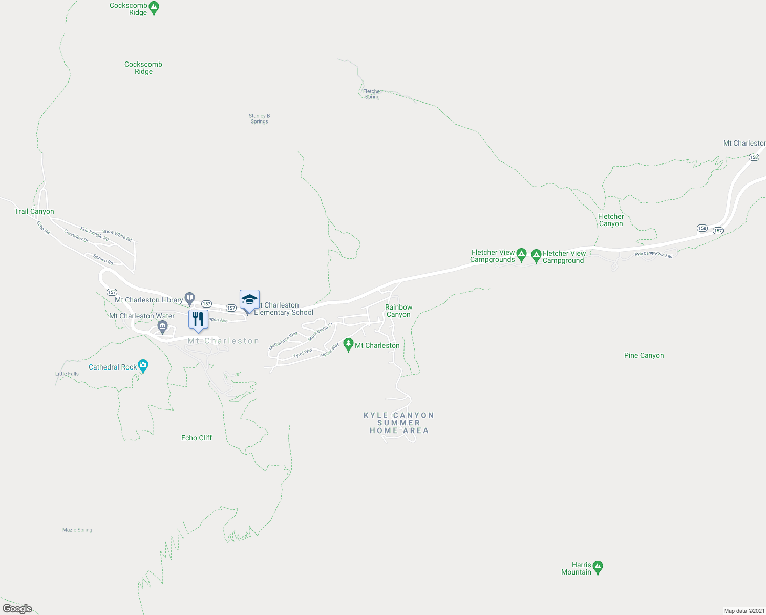 map of restaurants, bars, coffee shops, grocery stores, and more near 233 Ski Trail Road in Mount Charleston