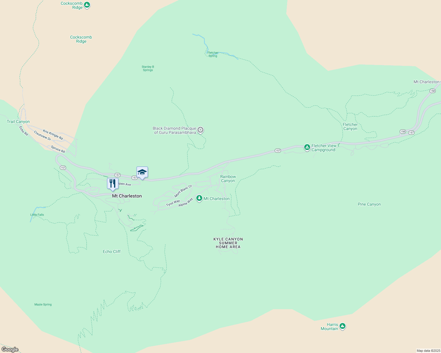 map of restaurants, bars, coffee shops, grocery stores, and more near 223 Rainbow Canyon Boulevard in Mount Charleston