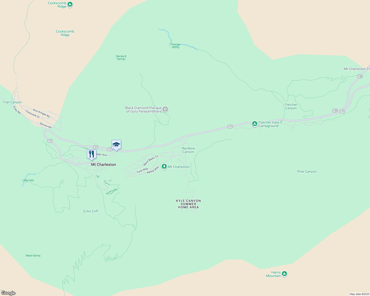 map of restaurants, bars, coffee shops, grocery stores, and more near 224 Rainbow Canyon Boulevard in Mount Charleston