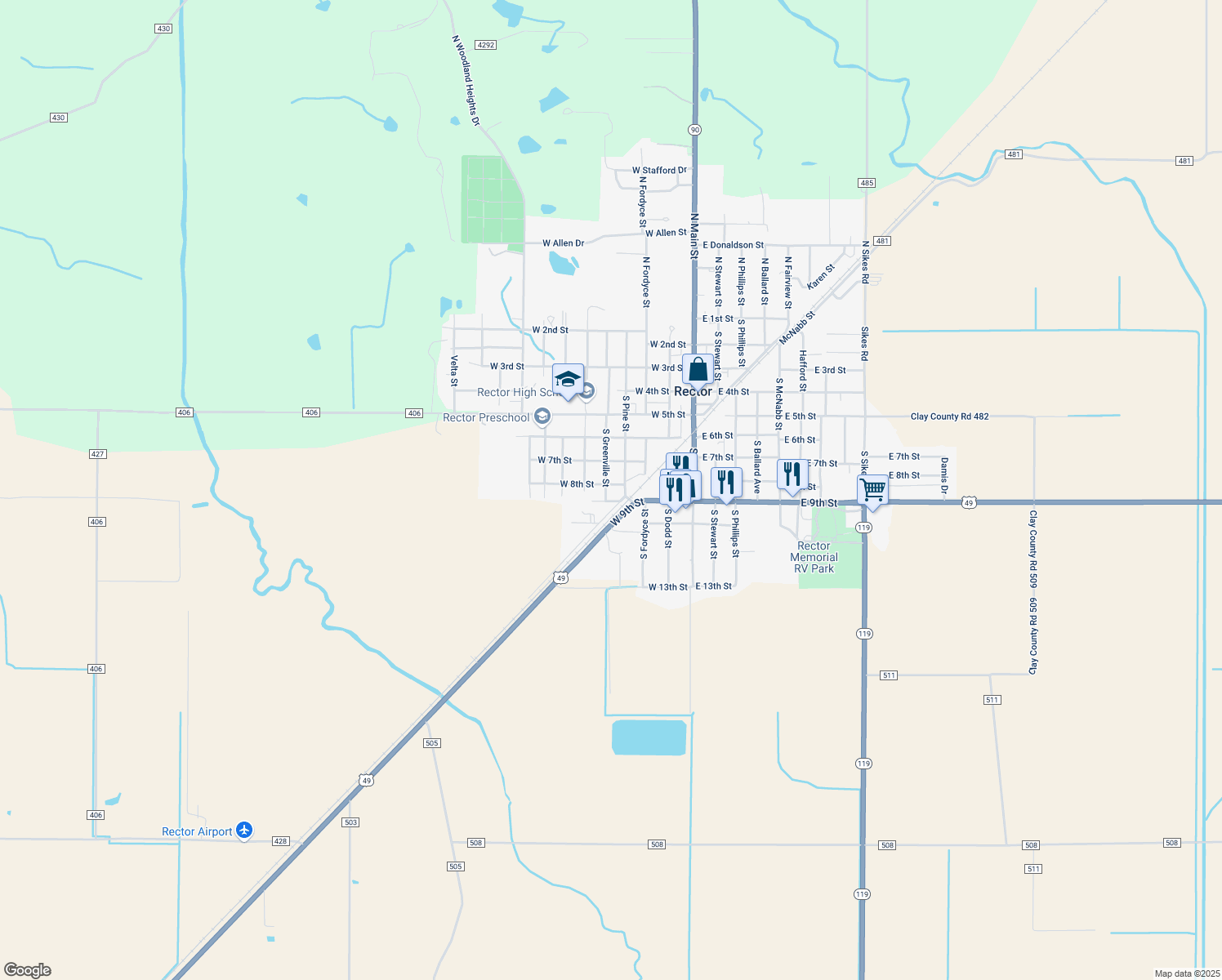 map of restaurants, bars, coffee shops, grocery stores, and more near 415 W 8th St in Rector