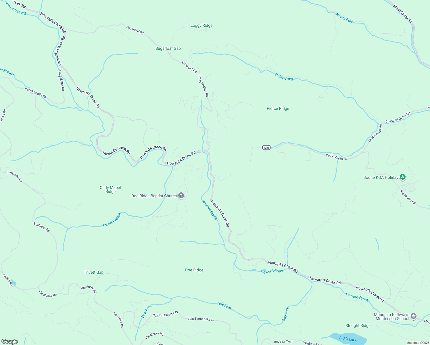 map of restaurants, bars, coffee shops, grocery stores, and more near 2975 Howard's Creek Road in Boone