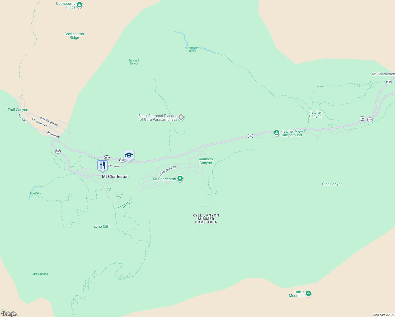 map of restaurants, bars, coffee shops, grocery stores, and more near 224 Rainbow Canyon Boulevard in Mount Charleston
