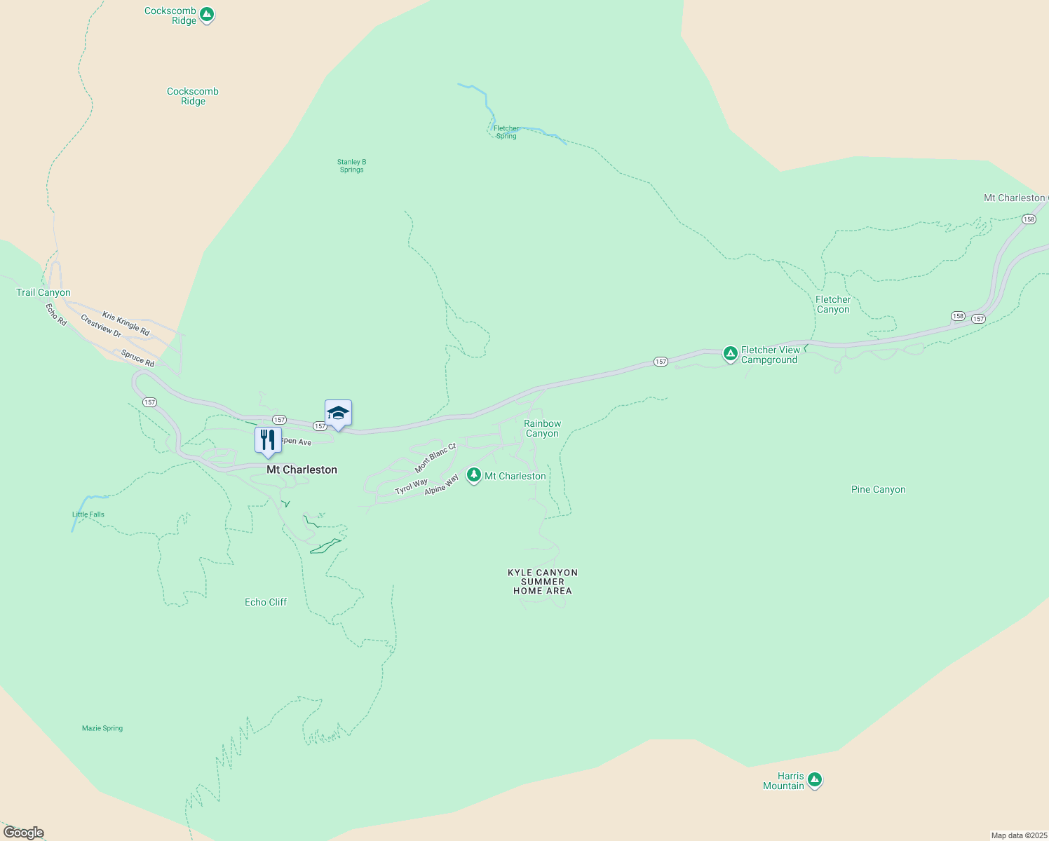 map of restaurants, bars, coffee shops, grocery stores, and more near 223 Rainbow Canyon Boulevard in Mount Charleston