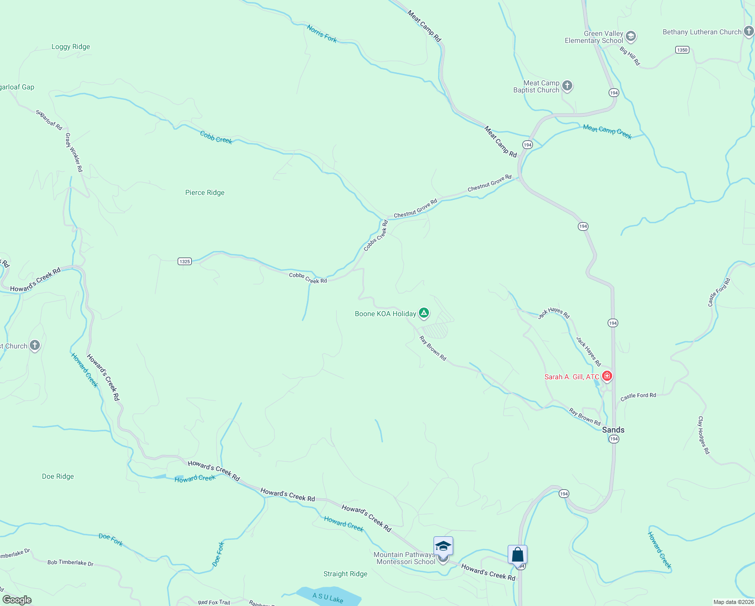 map of restaurants, bars, coffee shops, grocery stores, and more near 1380 Ray Brown Road in Boone