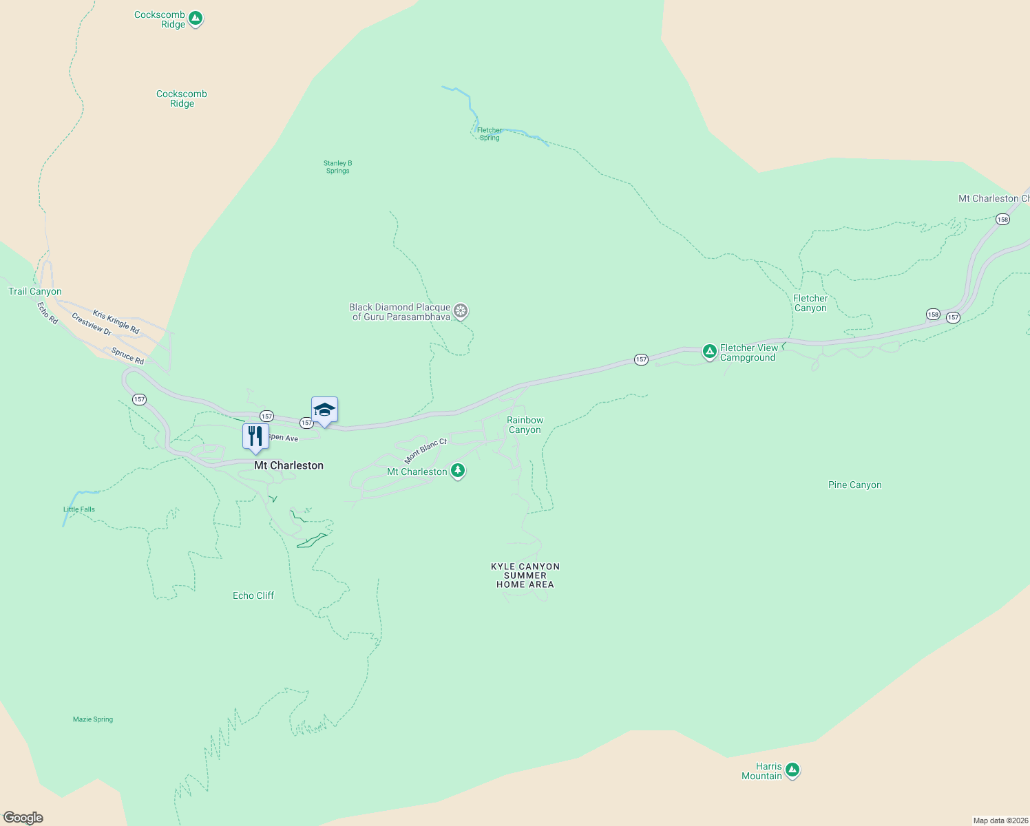 map of restaurants, bars, coffee shops, grocery stores, and more near 204 Rainbow Canyon Boulevard in Mount Charleston