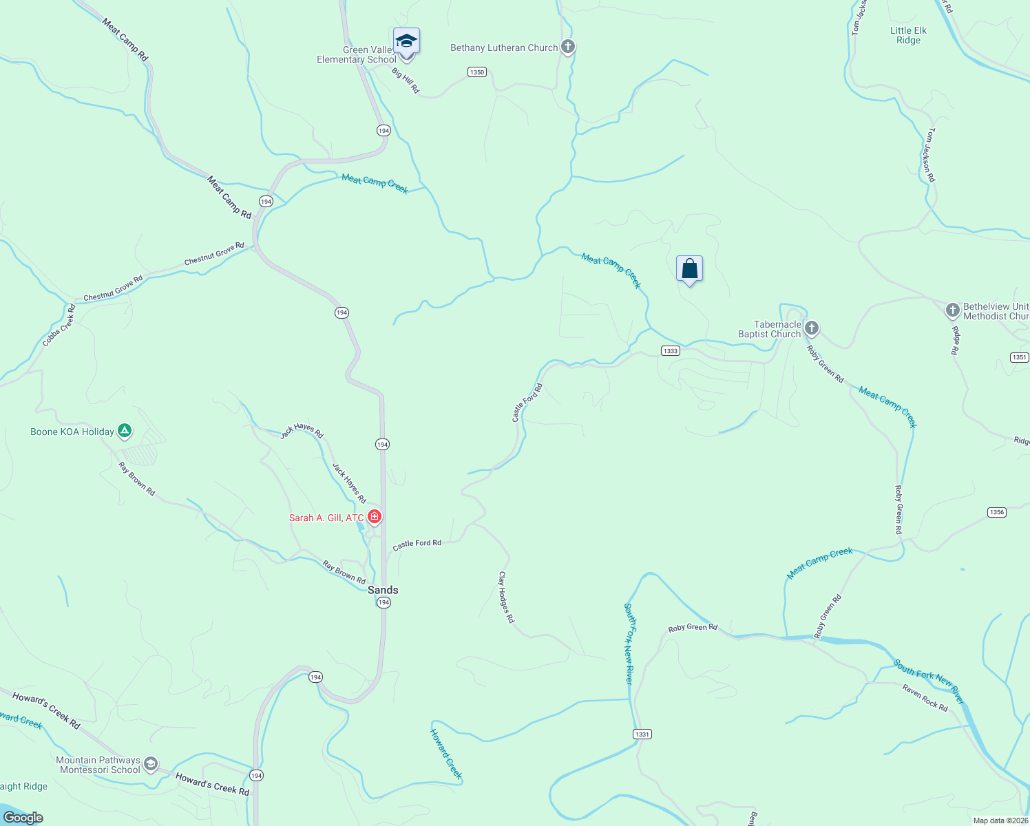 map of restaurants, bars, coffee shops, grocery stores, and more near 1034 Castle Ford Road in Boone