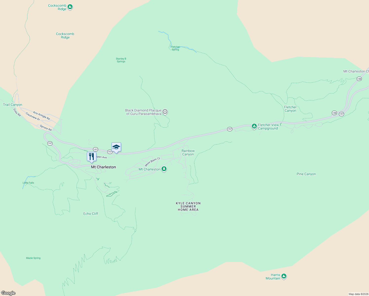 map of restaurants, bars, coffee shops, grocery stores, and more near 204 Rainbow Canyon Boulevard in Mount Charleston