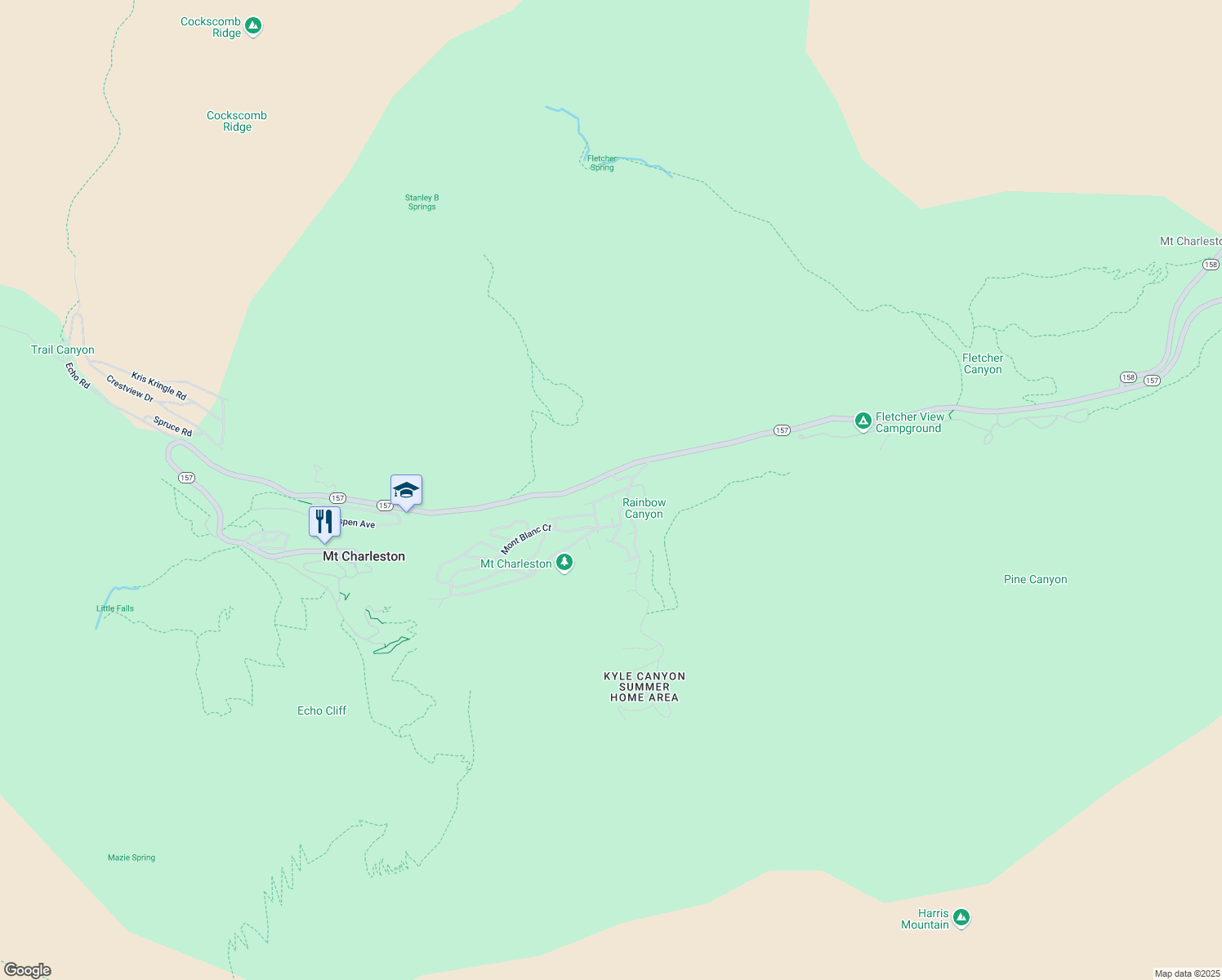 map of restaurants, bars, coffee shops, grocery stores, and more near 212 Alpine Way in Mount Charleston